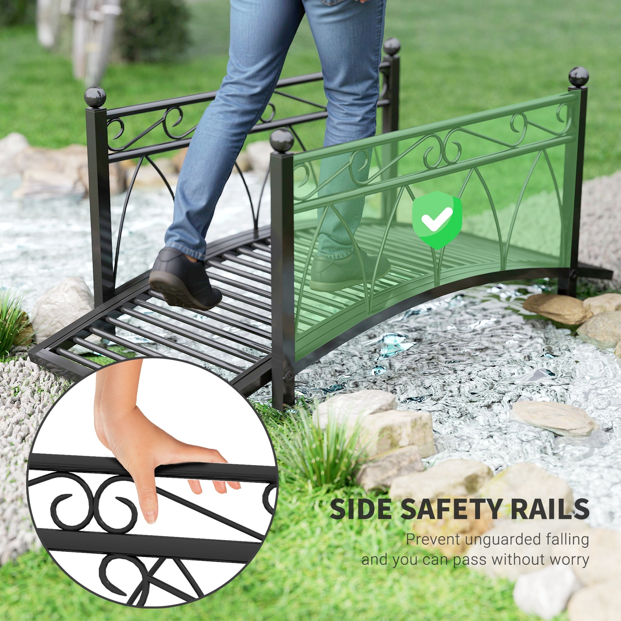 3.3' Metal Arch Zen Garden Pond Bridg with Safety Siderails for Stream, Fish Pond, Black