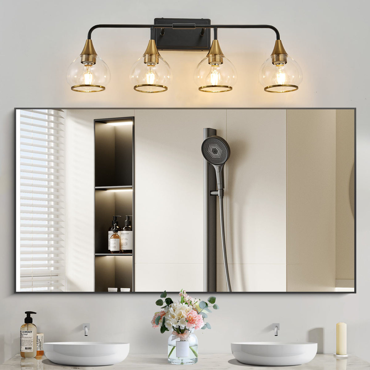 31" Modern 4-Light Vanity Wall Sconce with Clear Glass Shades, Industrial Wall Mounted Lamp for Living Spaces, 31" L x 8" W x 11" H, Black+Gold
