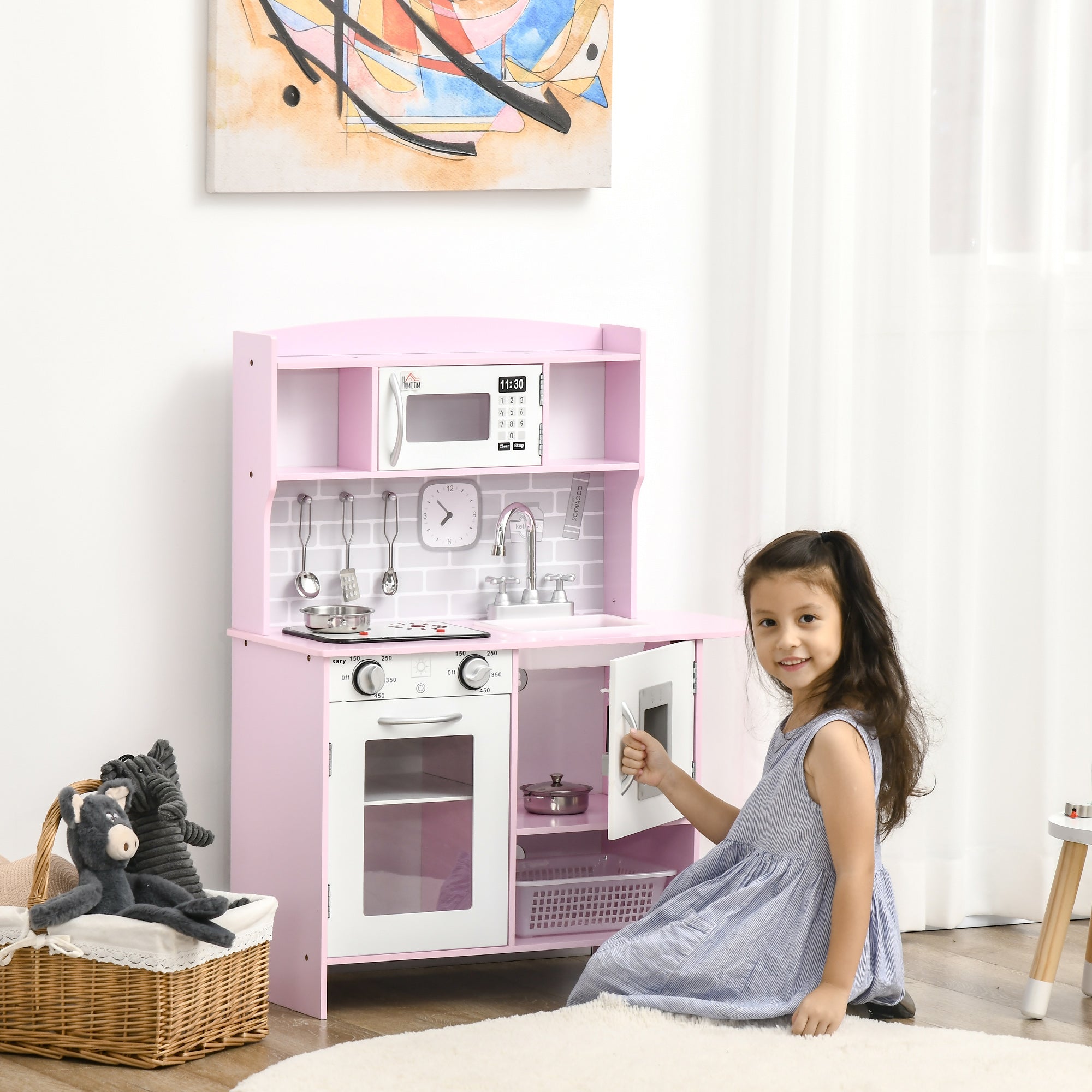 Pretend Play Kitchen with Sound Effects and Stove Lights, Kids Kitchen Playset with Storage, Water Dispenser Preschool & Kindergarten Gift for 3-6 Years Old, Pink