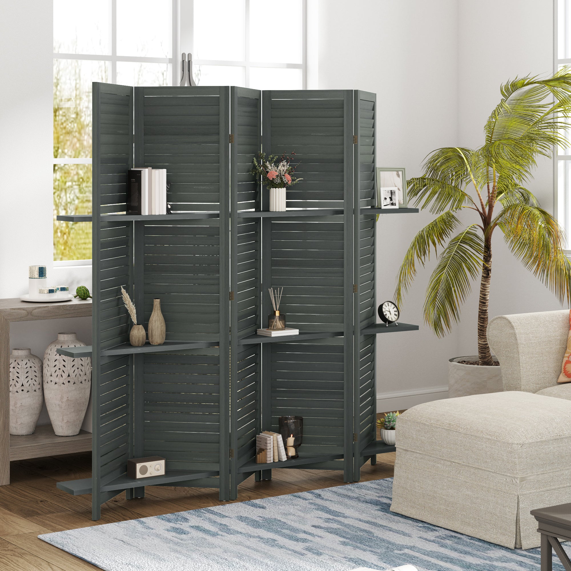 5 Panel 67" Tall Wood Privacy Screen Room Divider with 3 Shelves and Folding Storage for Bedroom, Gray