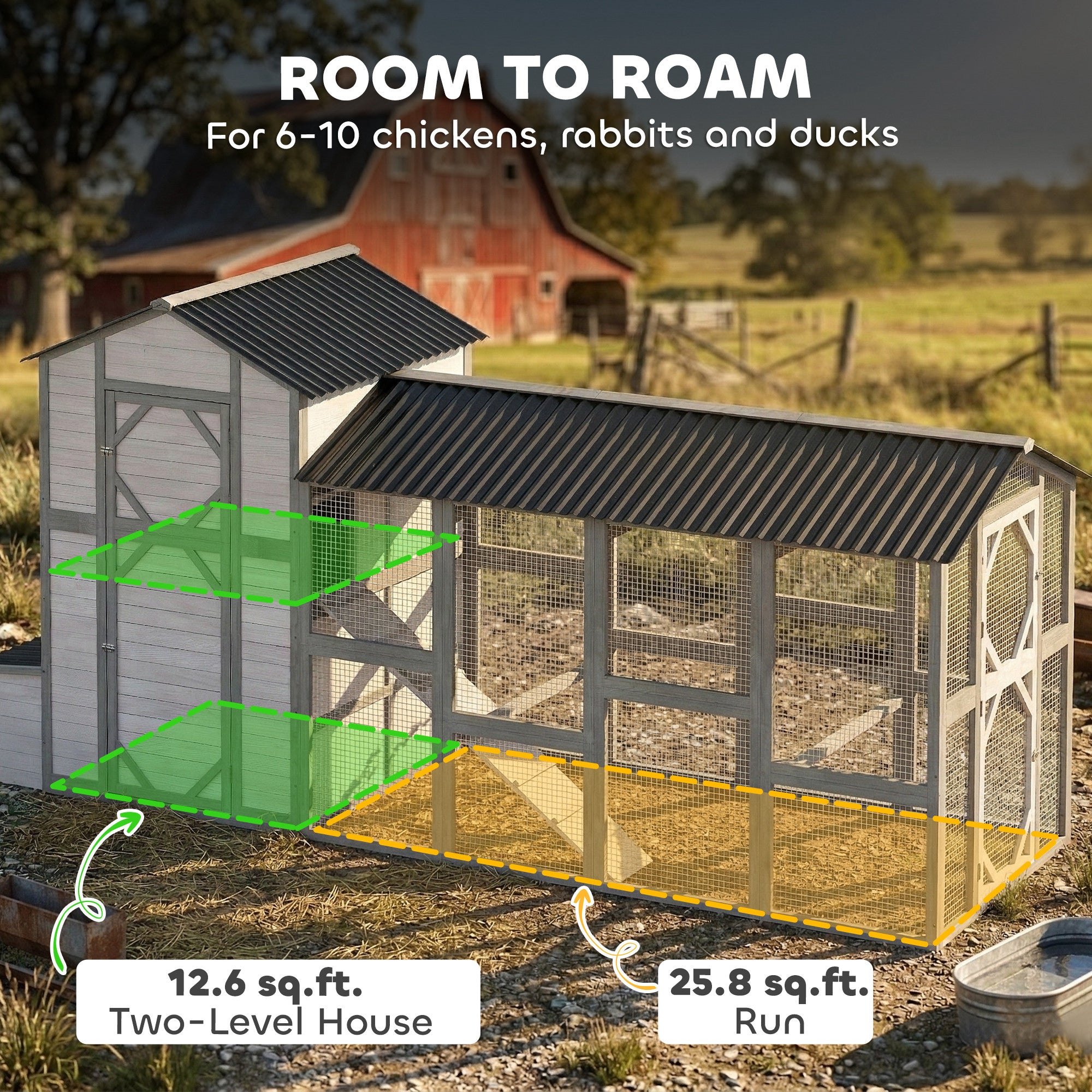 147" Extra Large Chicken Coop, Wooden Hen House for 8-10 Hens, Outdoor Chicken House Poultry Hutch with Run, Gray