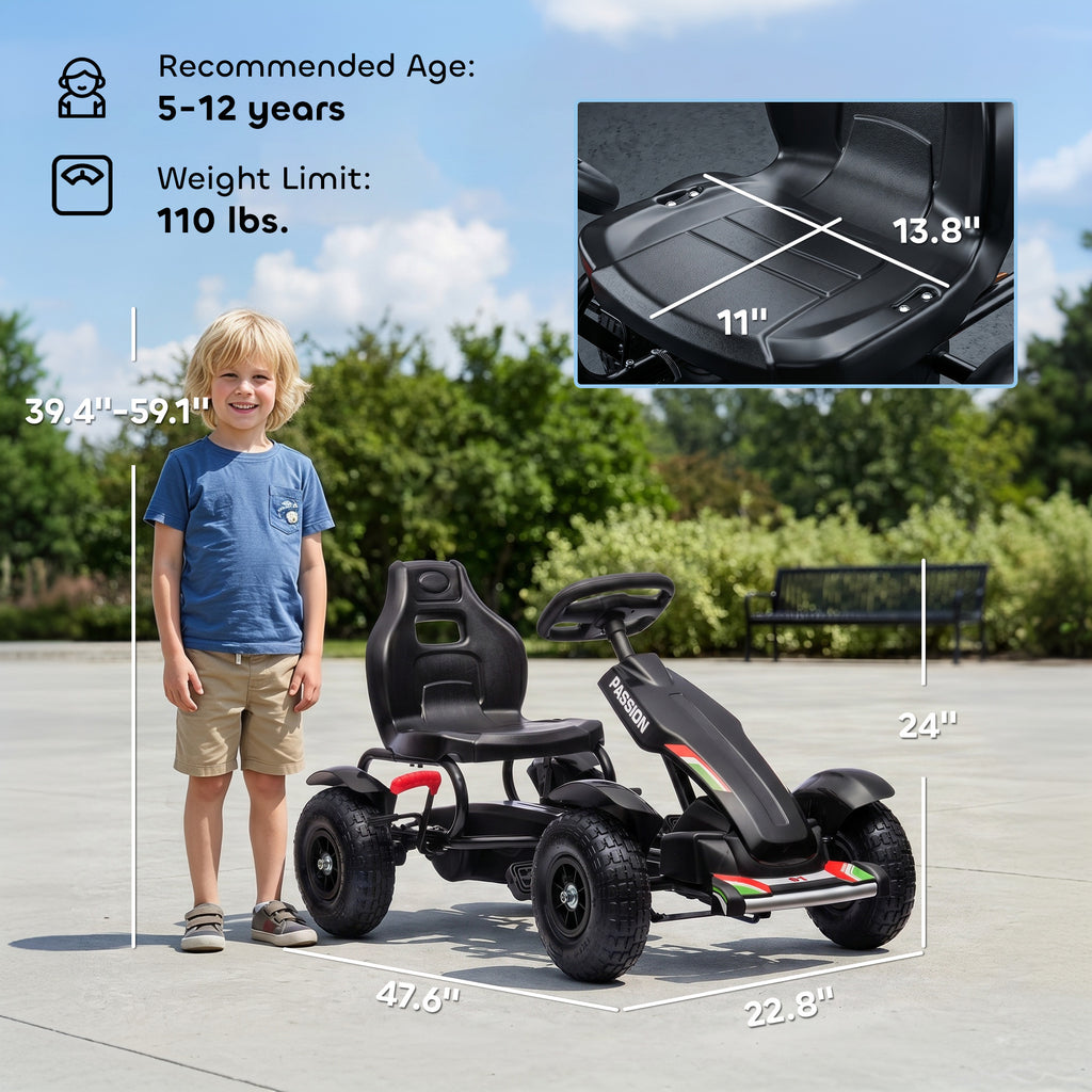 Kids Pedal Go Kart, Outdoor Ride on Toys with Adjustable Seat, Sharp Handling, Handbrake, 4 Non-Slip Rubber Wheels for Boys & Girls Aged 5-12 Years Old, Black
