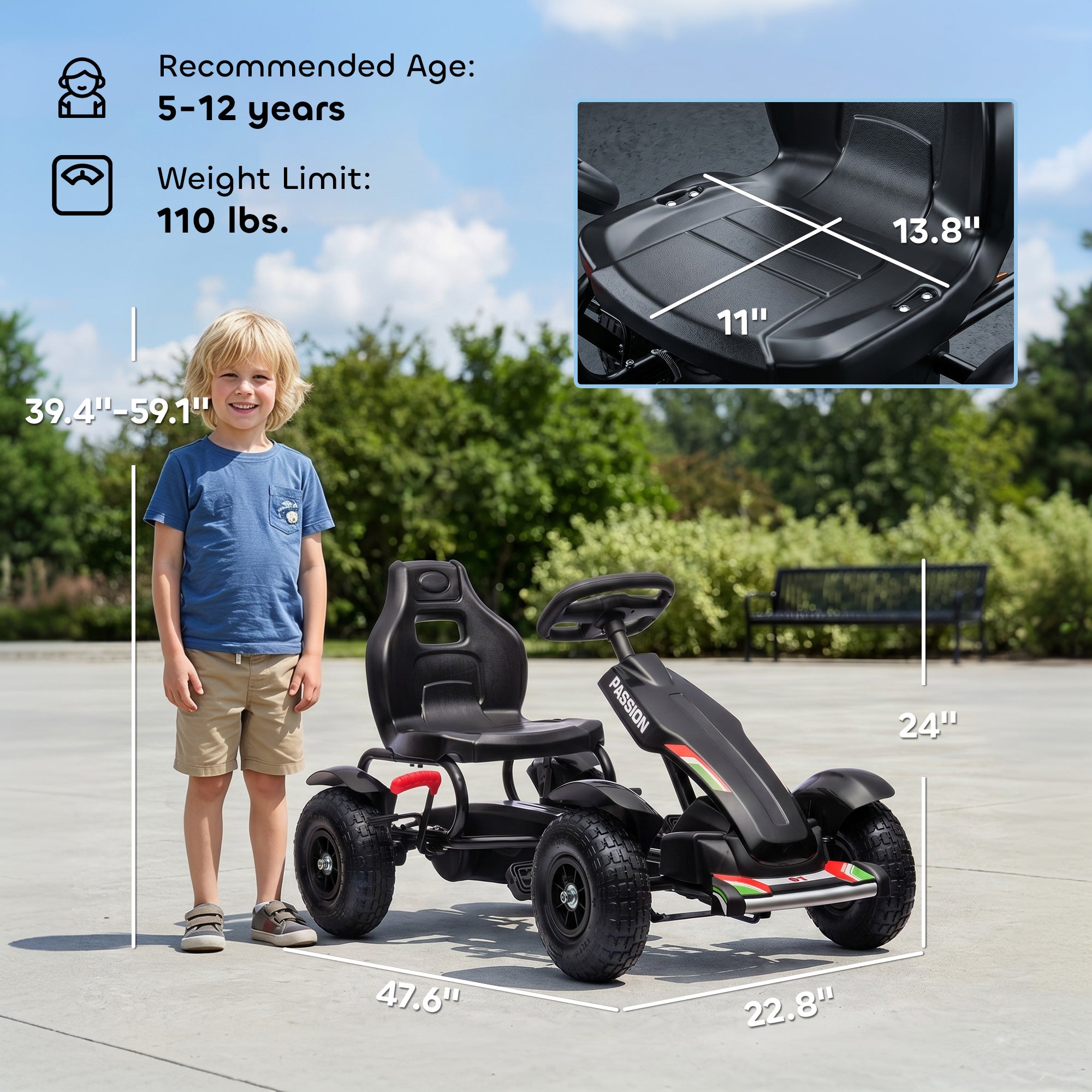 Kids Pedal Go Kart, Outdoor Ride on Toys with Adjustable Seat, Sharp Handling, Handbrake, 4 Non-Slip Rubber Wheels for Boys & Girls Aged 5-12 Years Old, Black