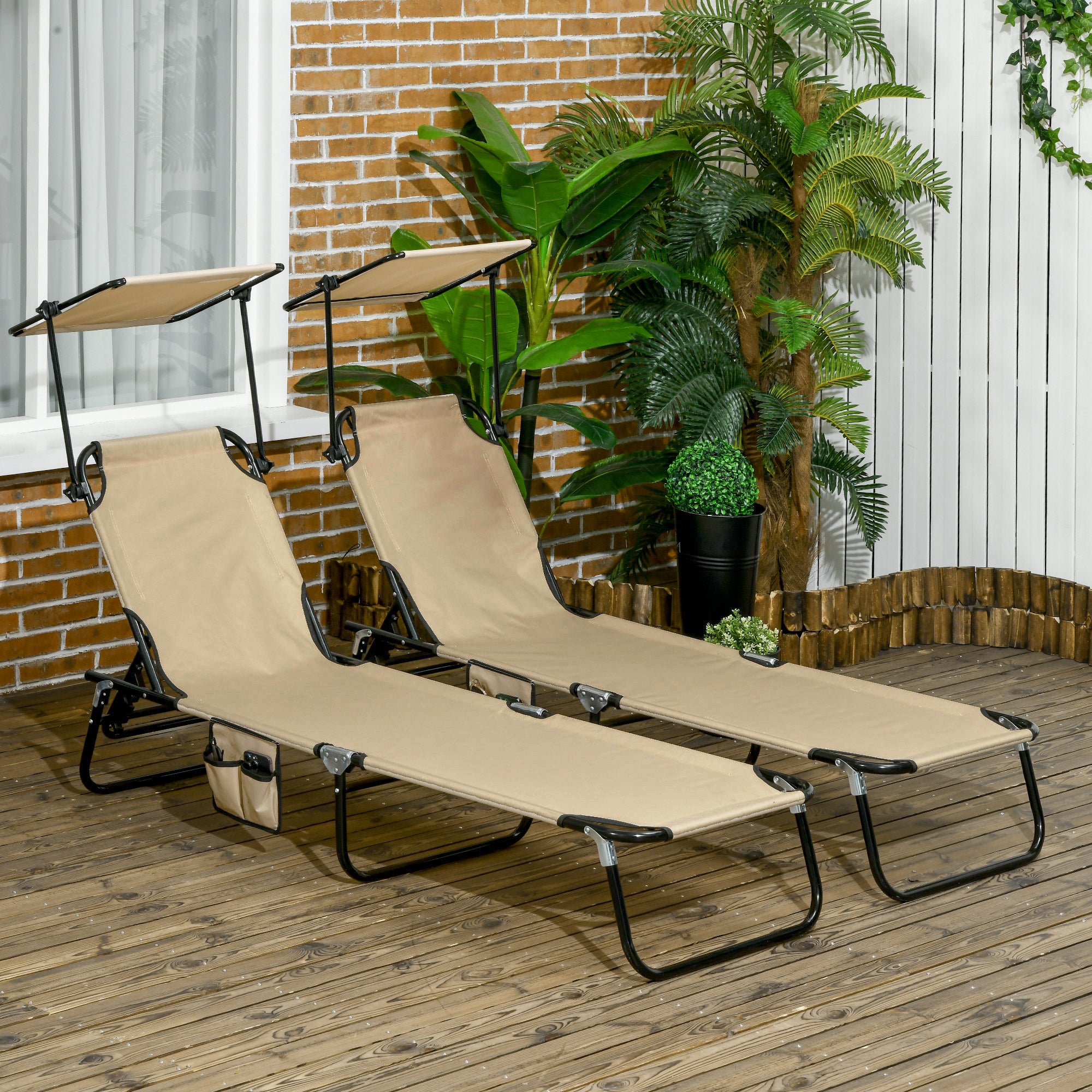 Chaise Lounge Pool Lounge Chairs Set of 2, Outdoor Sun Tanning Chairs, Reclining Back, Steel Frame and Side Pocket, Tan