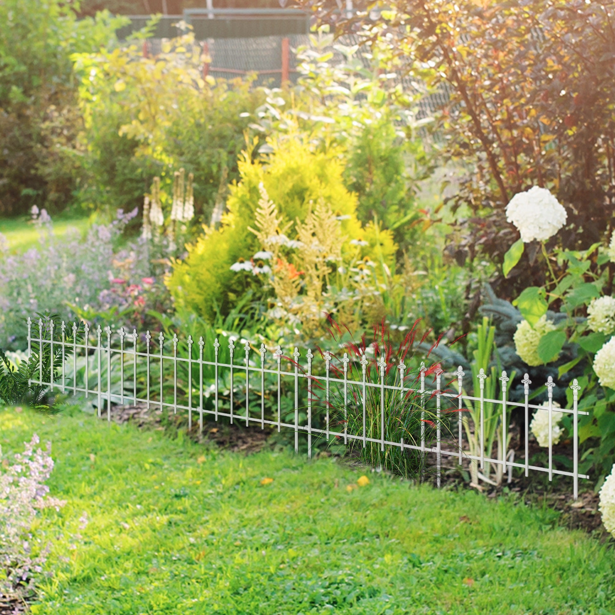 Metal Decorative Garden Fence, 9.2' x 17.25" 5 Steel Panels, Decorative Border for Landscape, Flower Bed, Animals, White