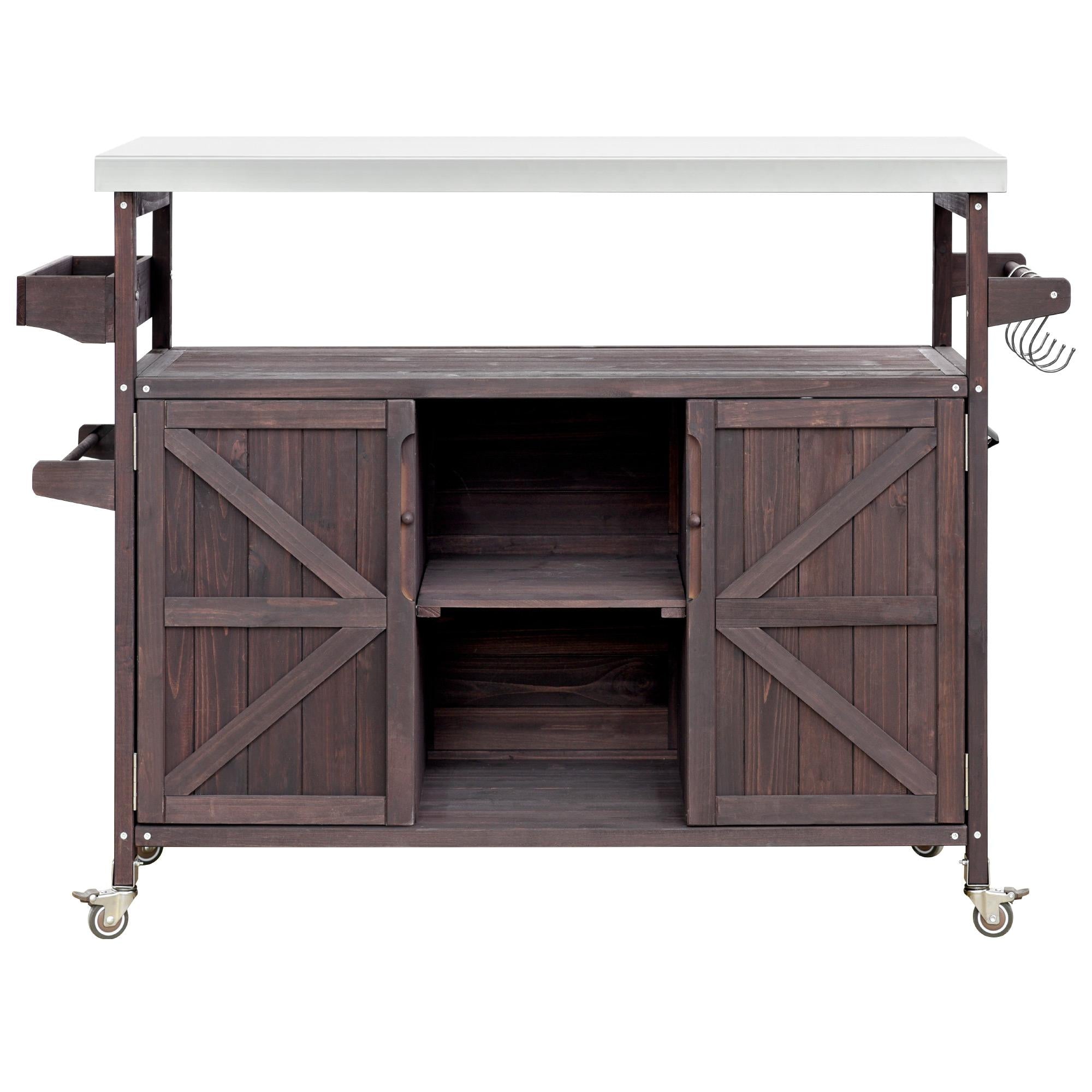 Outdoor Kitchen Island with Spice and Towel Rack, Stainless Steel Top, Rolling Bar Cart with Lockable Wheels, 50" L x 18.5" W x 36.5" H, Dark Brown