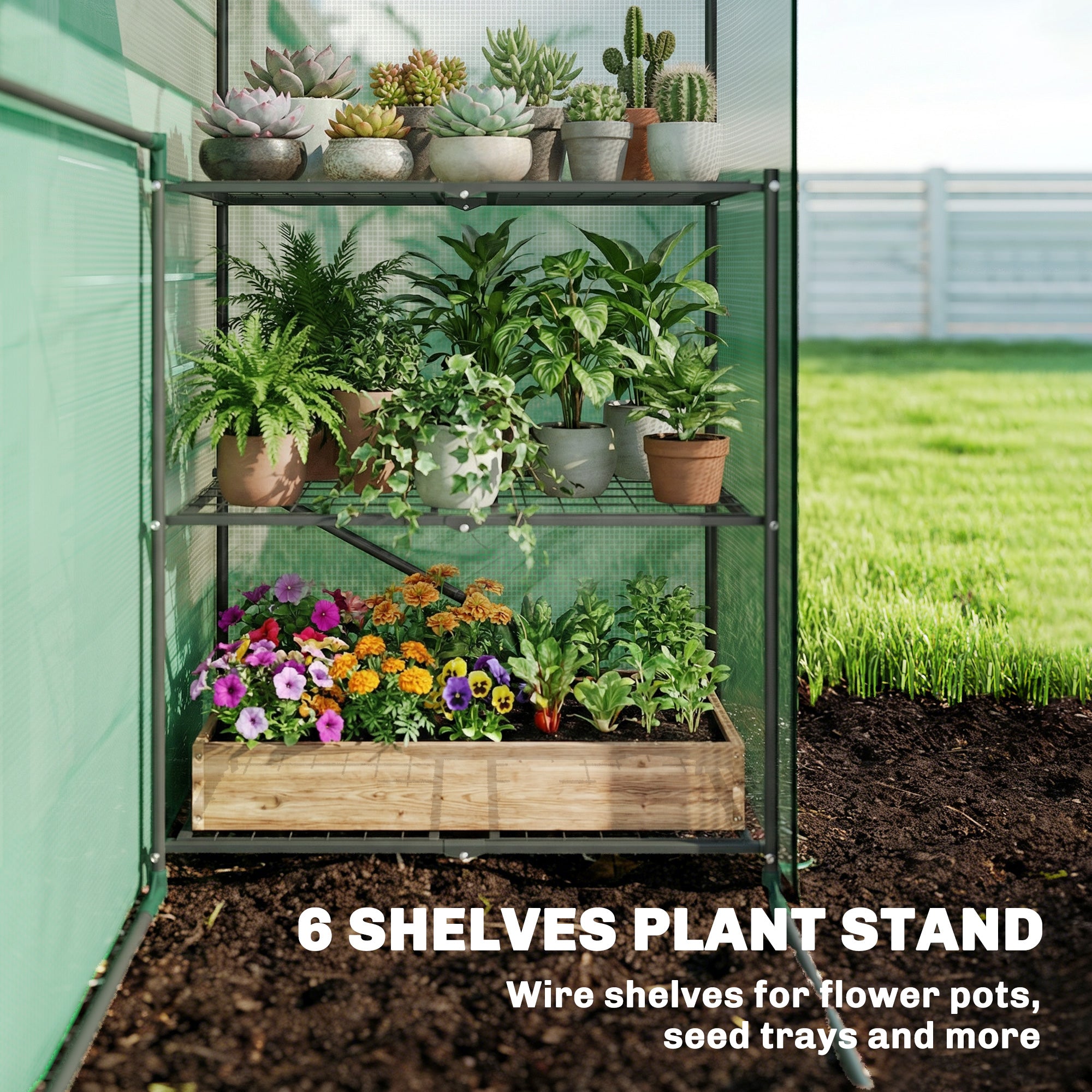 Greenhouse for Outdoors, Portable Greenhouse with 6 Shelves, UV-Resistant PE Cover, Roll-Up Door, Green
