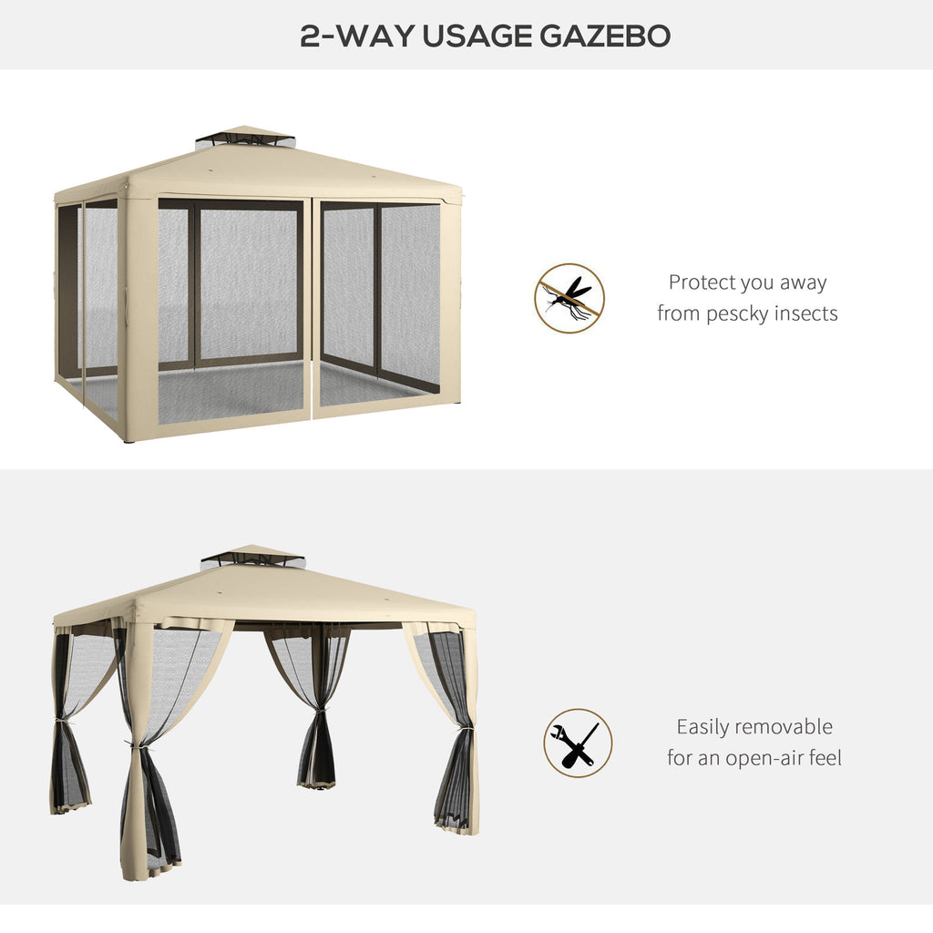 9.6' x 11.6' Patio Gazebo Outdoor Canopy Shelter with 2-Tier Roof and Netting, Steel Frame for Garden, Taupe
