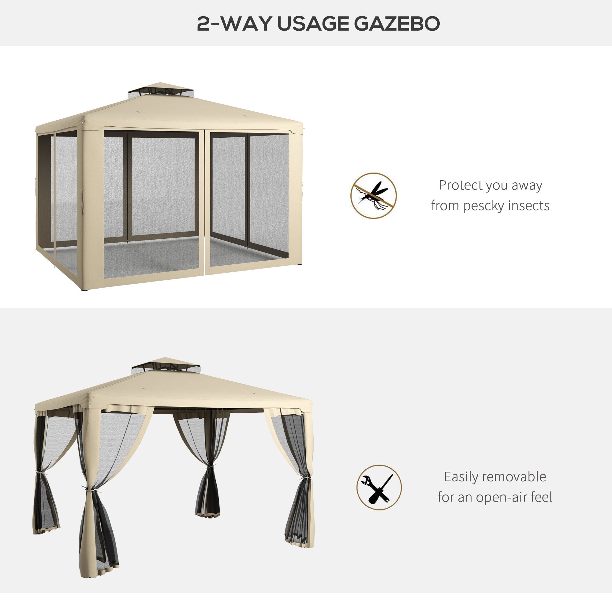 9.6' x 11.6' Patio Gazebo Outdoor Canopy Shelter with 2-Tier Roof and Netting, Steel Frame for Garden, Taupe