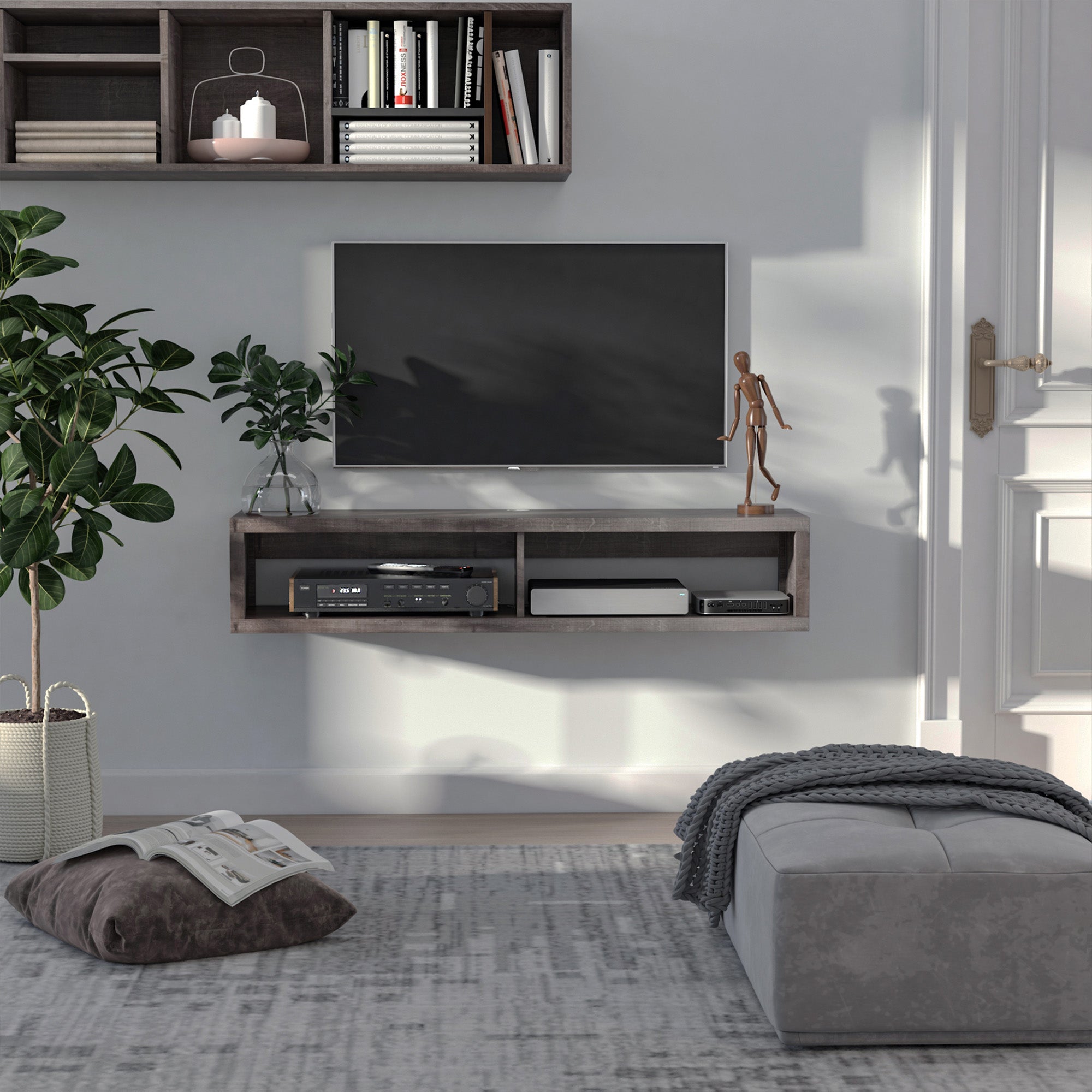 Wall Mounted TV Stand, Media Console Floating Storage Shelf for Living Room or Home Office, Dark Grey
