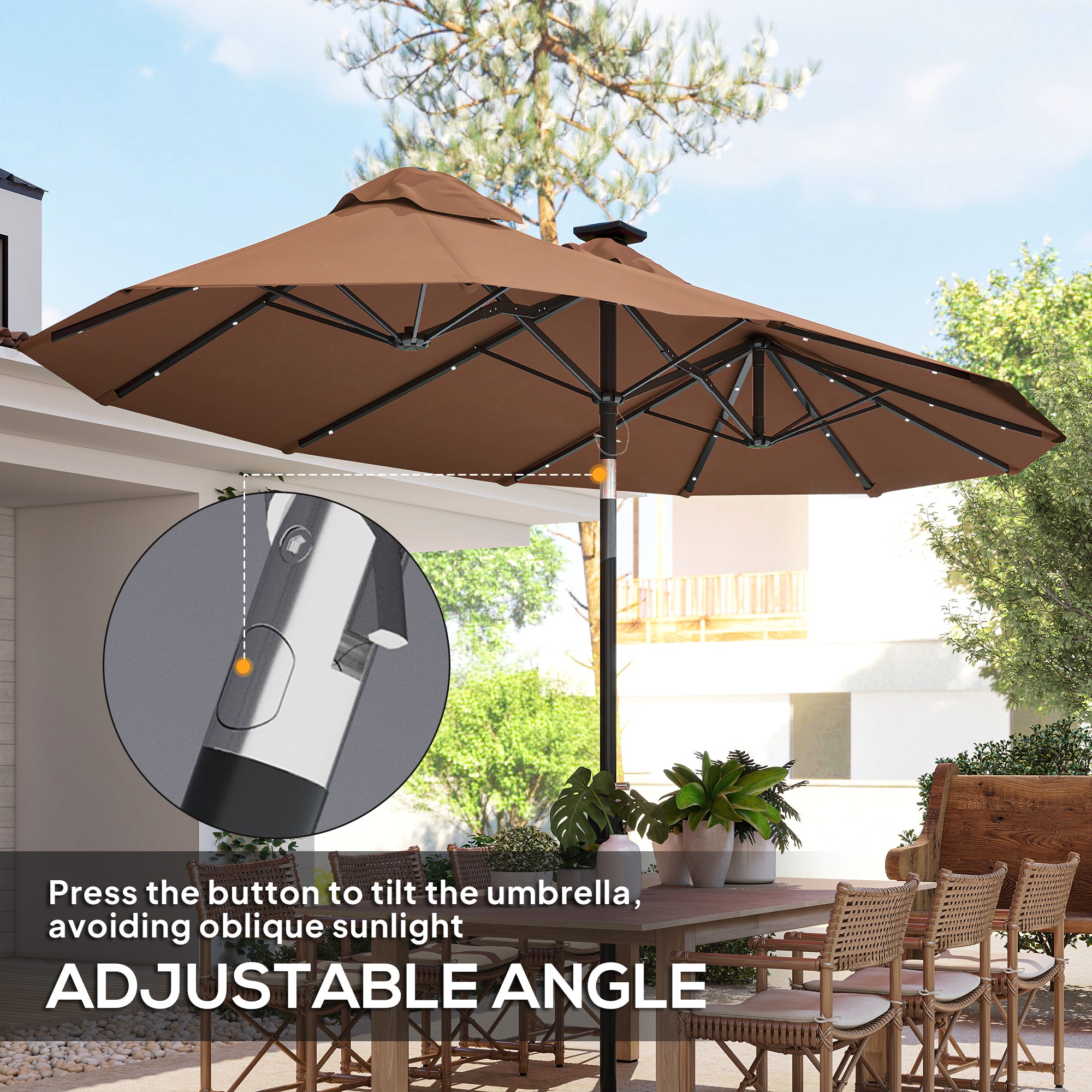 Double-sided Patio Umbrella, 9.7 ft. Outdoor Umbrella with 45-Degree Tilt and Crank, LED Solar Light and 12 Ribs, Coffee