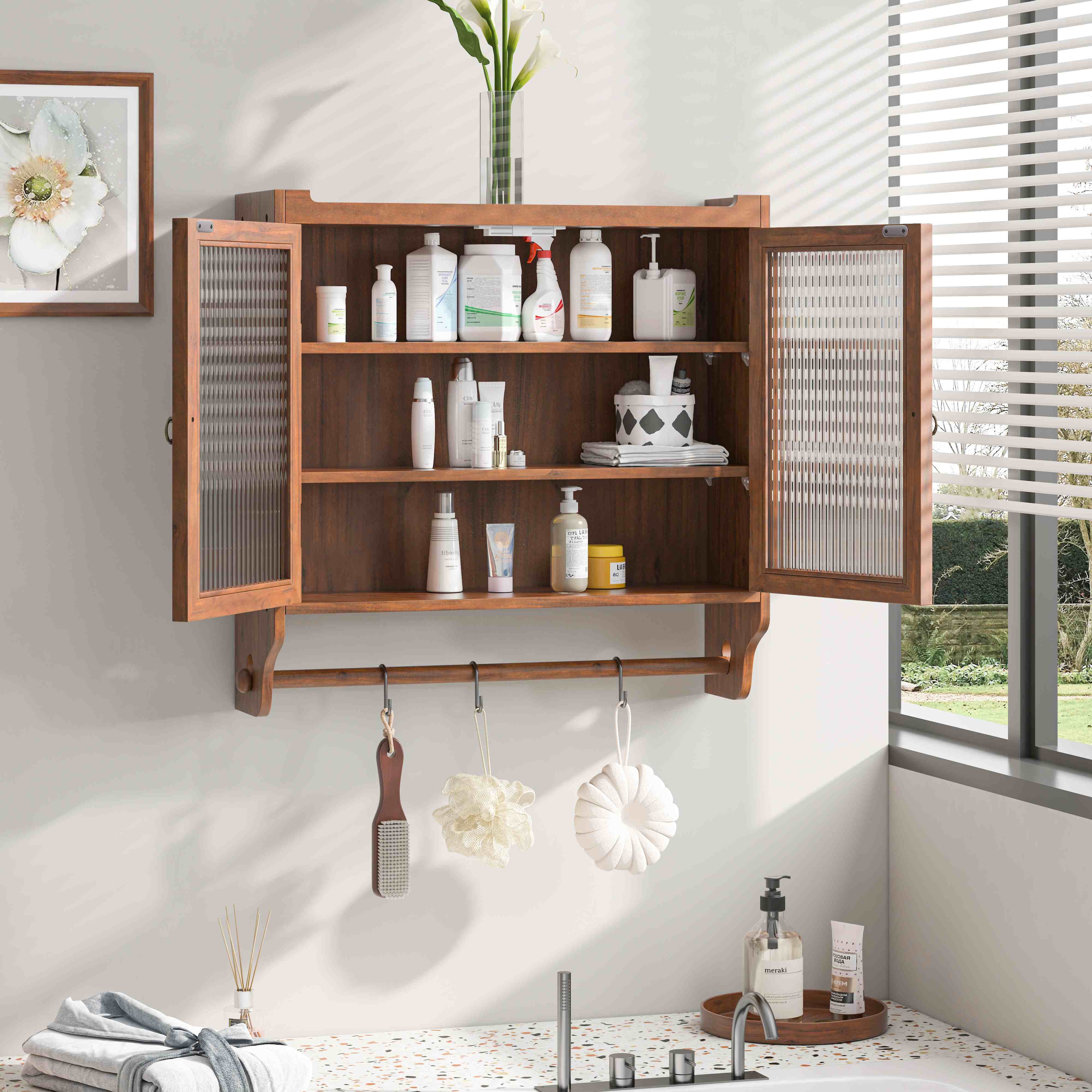 Vintage Double Door Wall Cabinet with Glass Doors, Three Tiers of Storage, and Towel Rack for Bathroom, Kitchen, Dining Room, 24.8", Brown