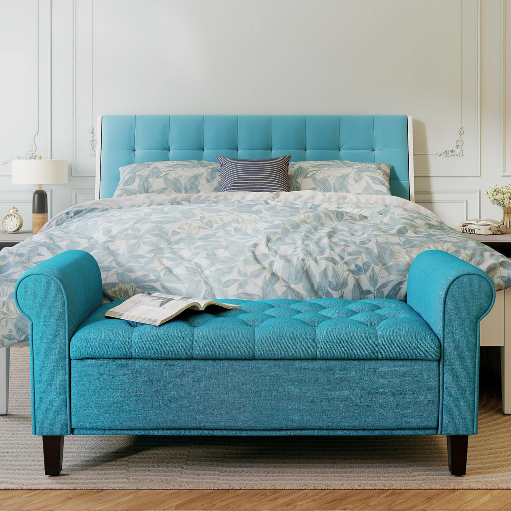 50 Inches Storage Ottoman, End of Bed Bench with Rolled Arms, Wood Legs, Button Tufted Storage Bench, Teal