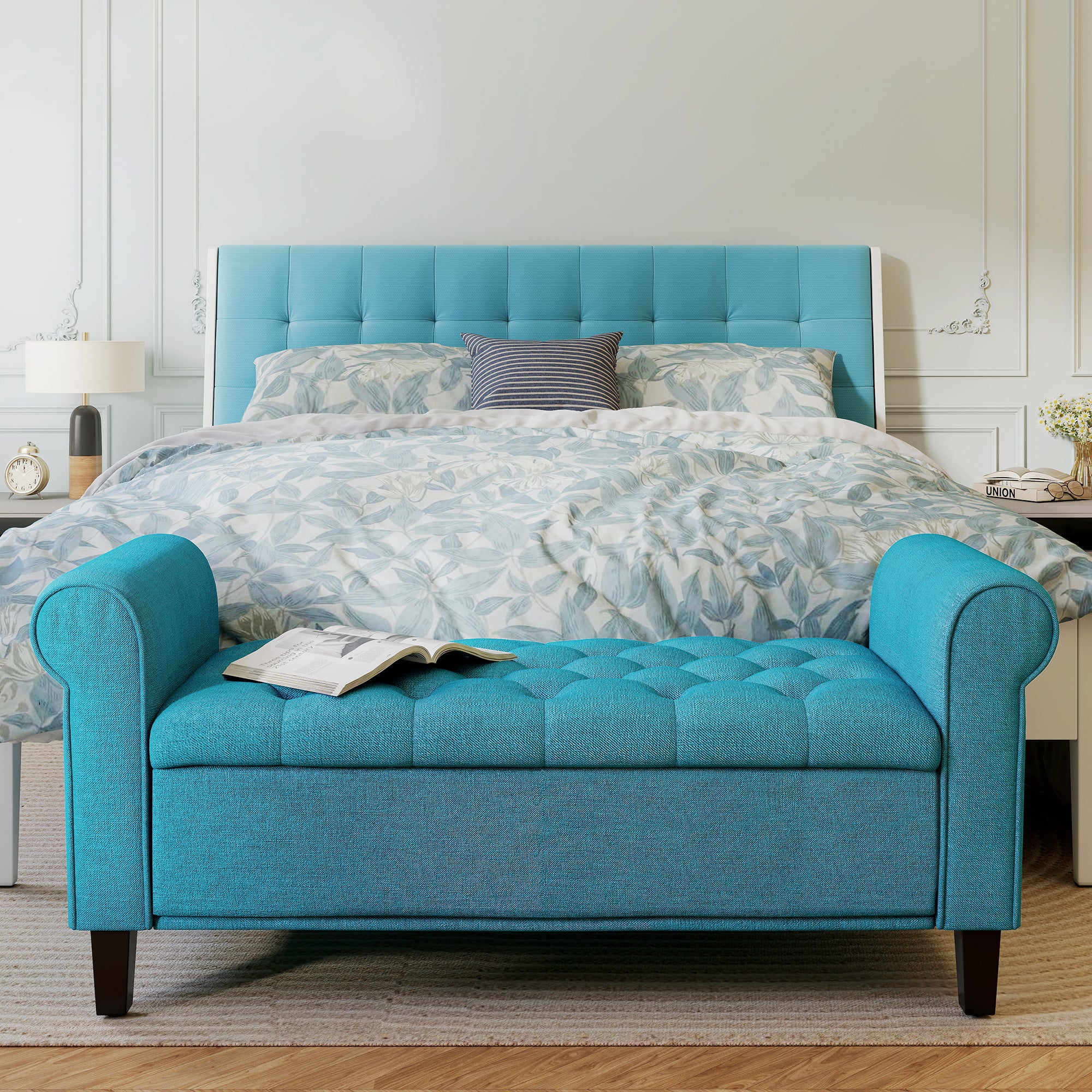 50 Inches Storage Ottoman, End of Bed Bench with Rolled Arms, Wood Legs, Button Tufted Storage Bench, Teal