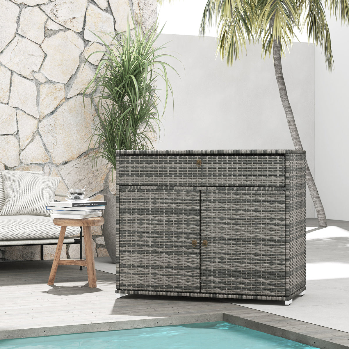 Outdoor Storage Cabinet, Waterproof PE Rattan Cabinet with Drawer for Indoor, Outdoor Swimming Pool, Gray