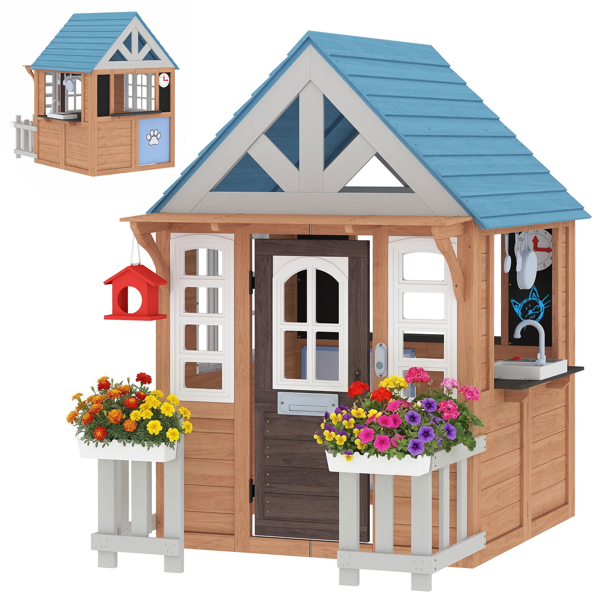 Wooden Kids Playhouse with Pet Door, Play Kitchen, Mailbox, Doorbell, Birdhouse, Fence and Windows for Pretend Play