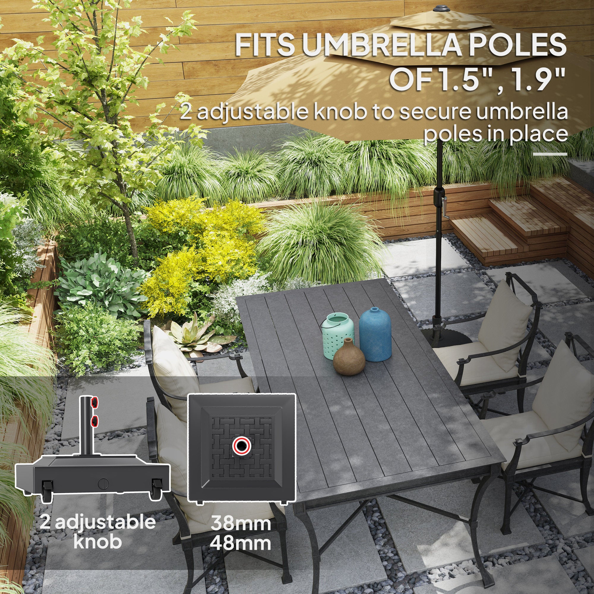 Outdoor Umbrella Stand Base with Wheels, Heavy Duty Patio Umbrella Base, Filled Up to 143lbs with Stand or 112lbs with Water, Patio Umbrella Holder for Garden, Poolside, Black