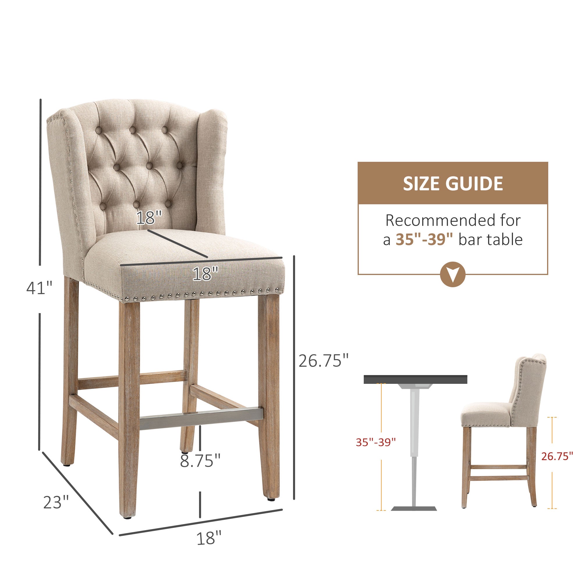 Counter Height Bar Stools Set of 2, 27" Seat Height Upholstered Barstools, Farmhouse Kitchen Island Stools with Nailhead-Trim, Tufted Back and Wooden Legs, Beige