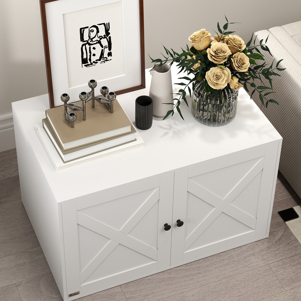 Cat Litter Box Enclosure with Barn Door, Cat Hole, 31.5" x 21" x 20", White