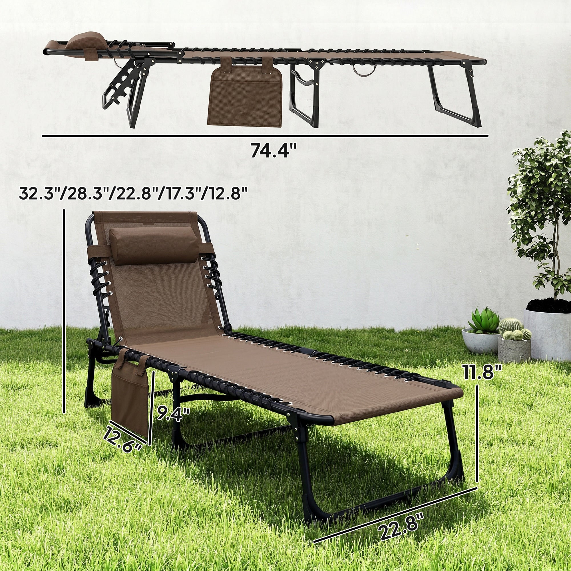 Folding Chaise Lounge Chair Outdoor, Sun Tanning Chair with Side Pocket, Carrying Strap, Portable Patio Beach Lounger with 5-Position Reclining Back, Headrest for Pool, Camping, Yard, Brown