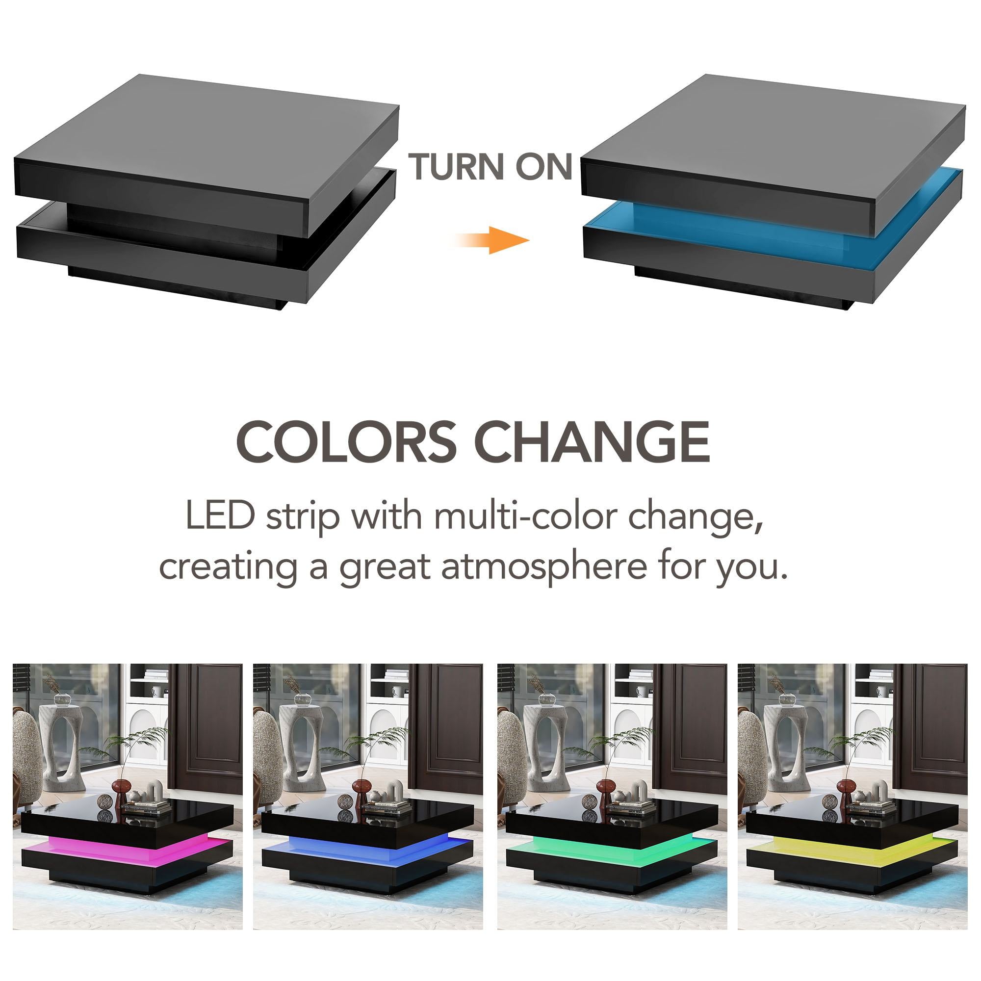 High Gloss Minimalist Coffee Table with LED Lights, 2-Tier Square Center Table for Living Room, 31.5" L x 31.5" W x 14" H, Black