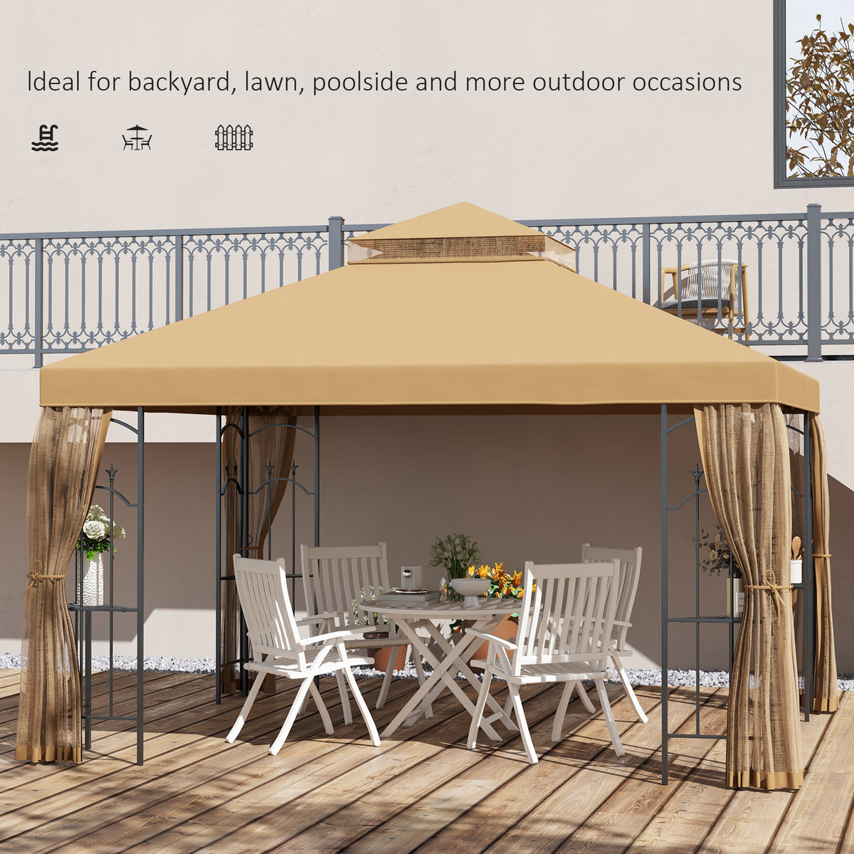 10' x 12' Patio Gazebo with Corner Frame Shelves, Double Roof Outdoor Gazebo Canopy Shelter with Netting, Brown