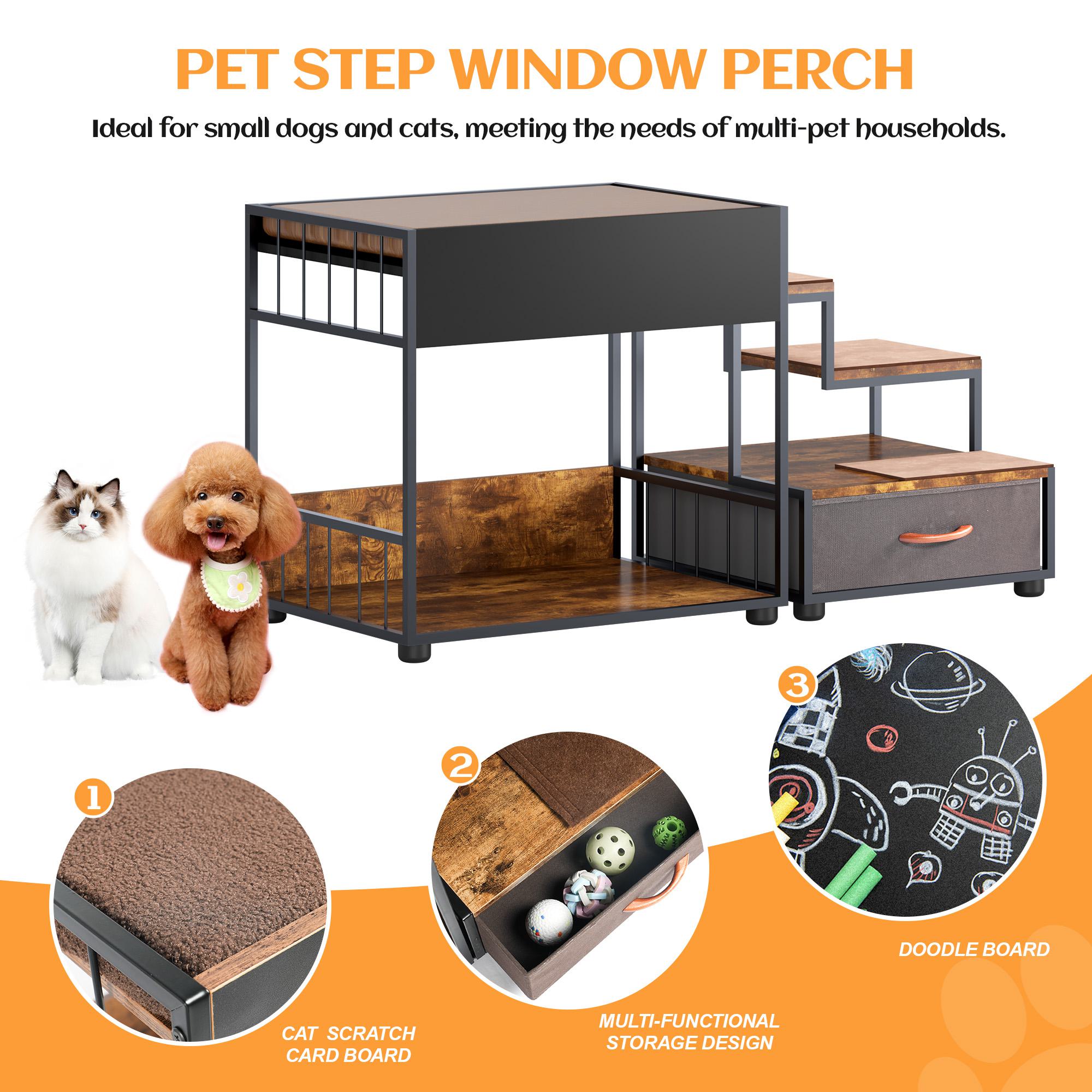 Dog Window Perch with Steps, Non-Slip Pad, Storage Drawer, and Sponge Cushion, Pet Bunk Bed, 47.5" L x 20" W x 25.5" H, Black+Vintage