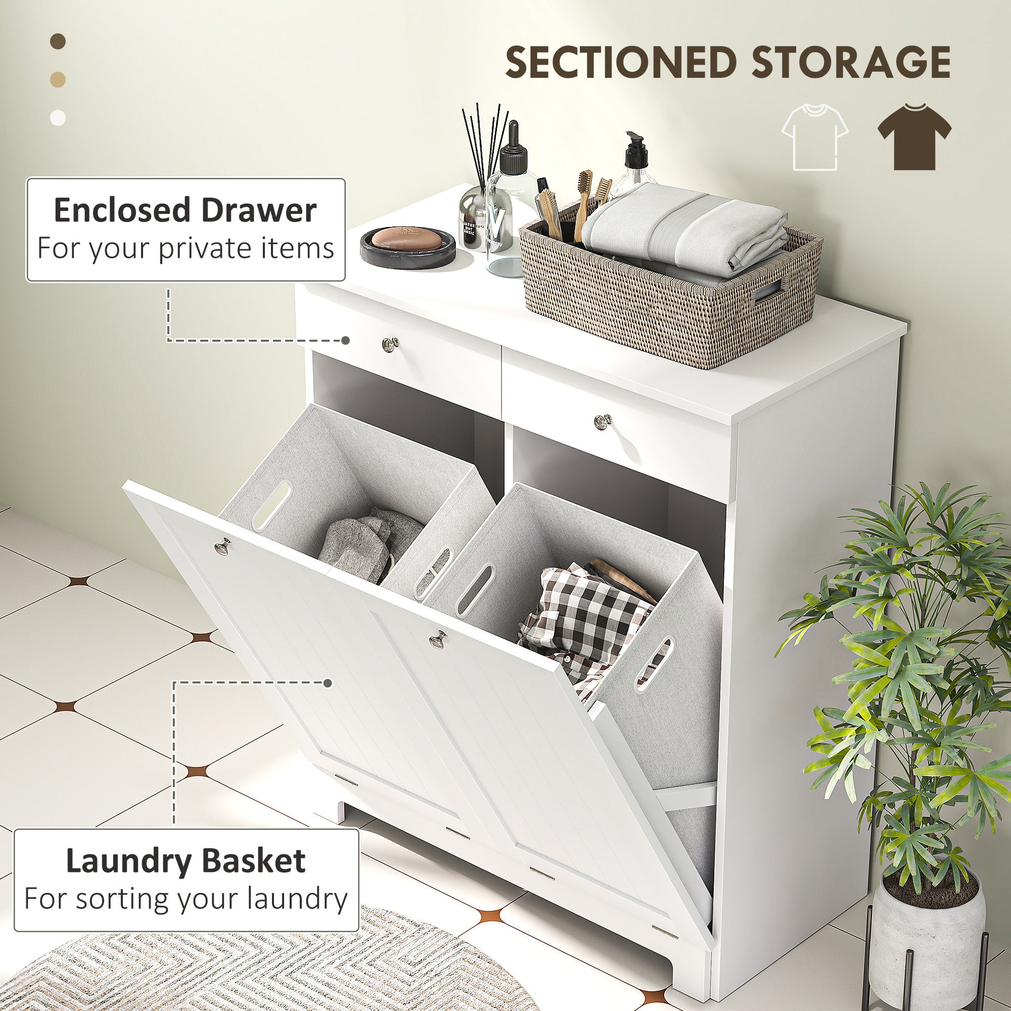 Laundry Hamper Cabinet, Laundry Cabinet with 2 Tilt Out Laundry Baskets and 2 Drawers, White