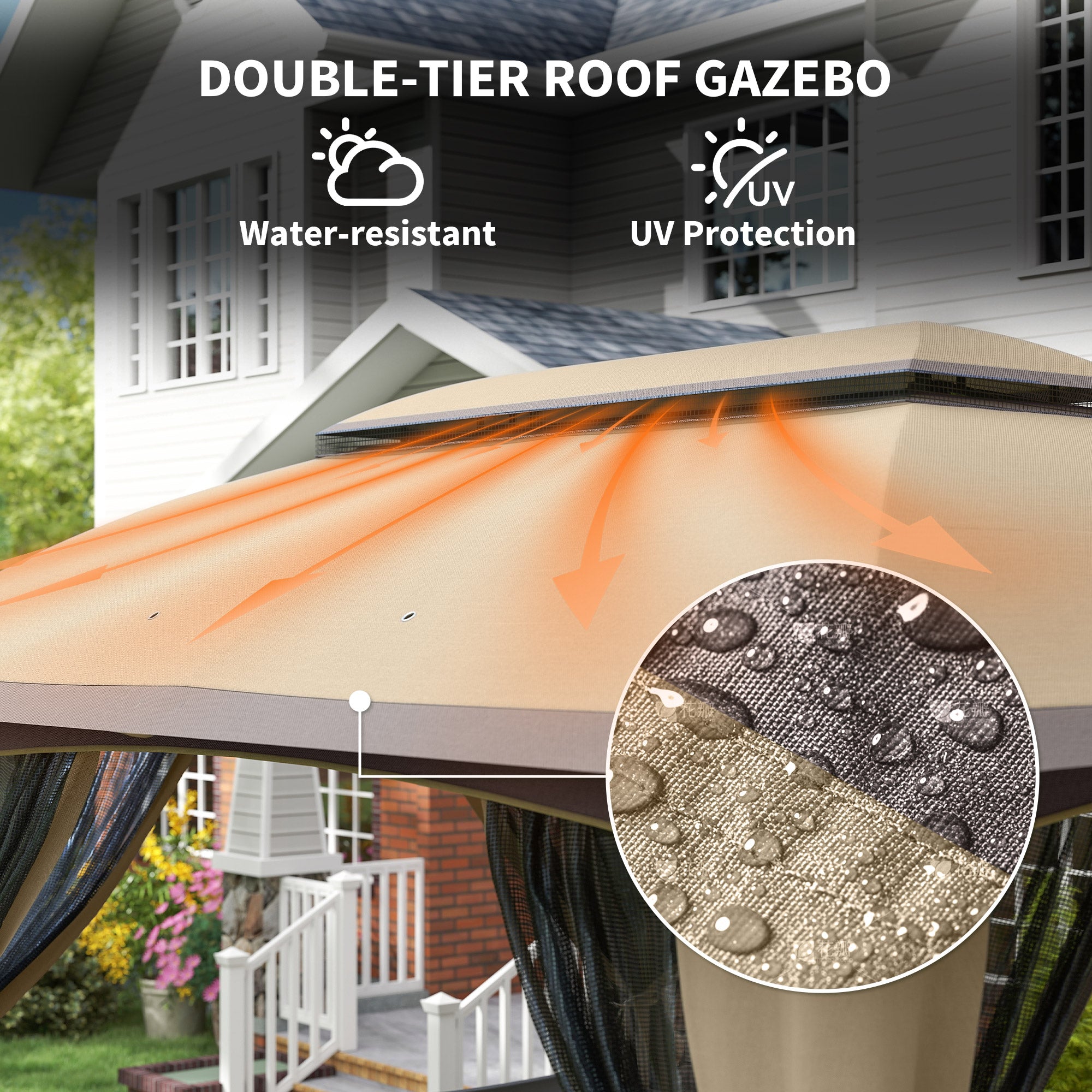 10' x 13' Patio Gazebo, Outdoor Gazebo Canopy Shelter with Netting, Vented Roof for Garden, Beige
