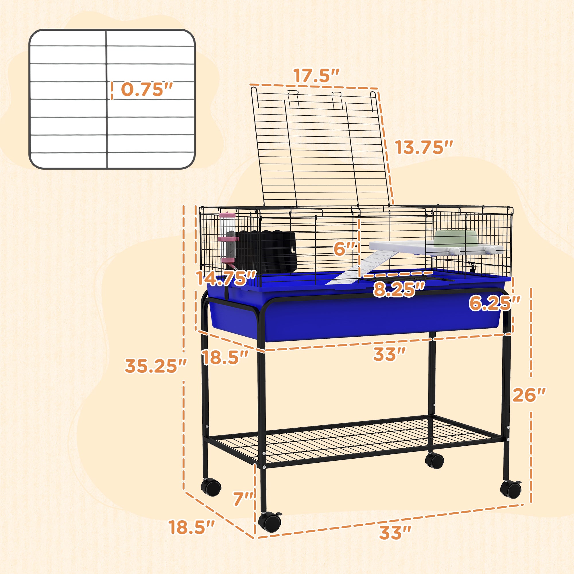 Two-Story Small Animal Cage Removable from Stand, Pet Habitat with Shelf & Wheels, 33" x 18.5" x 35", Blue