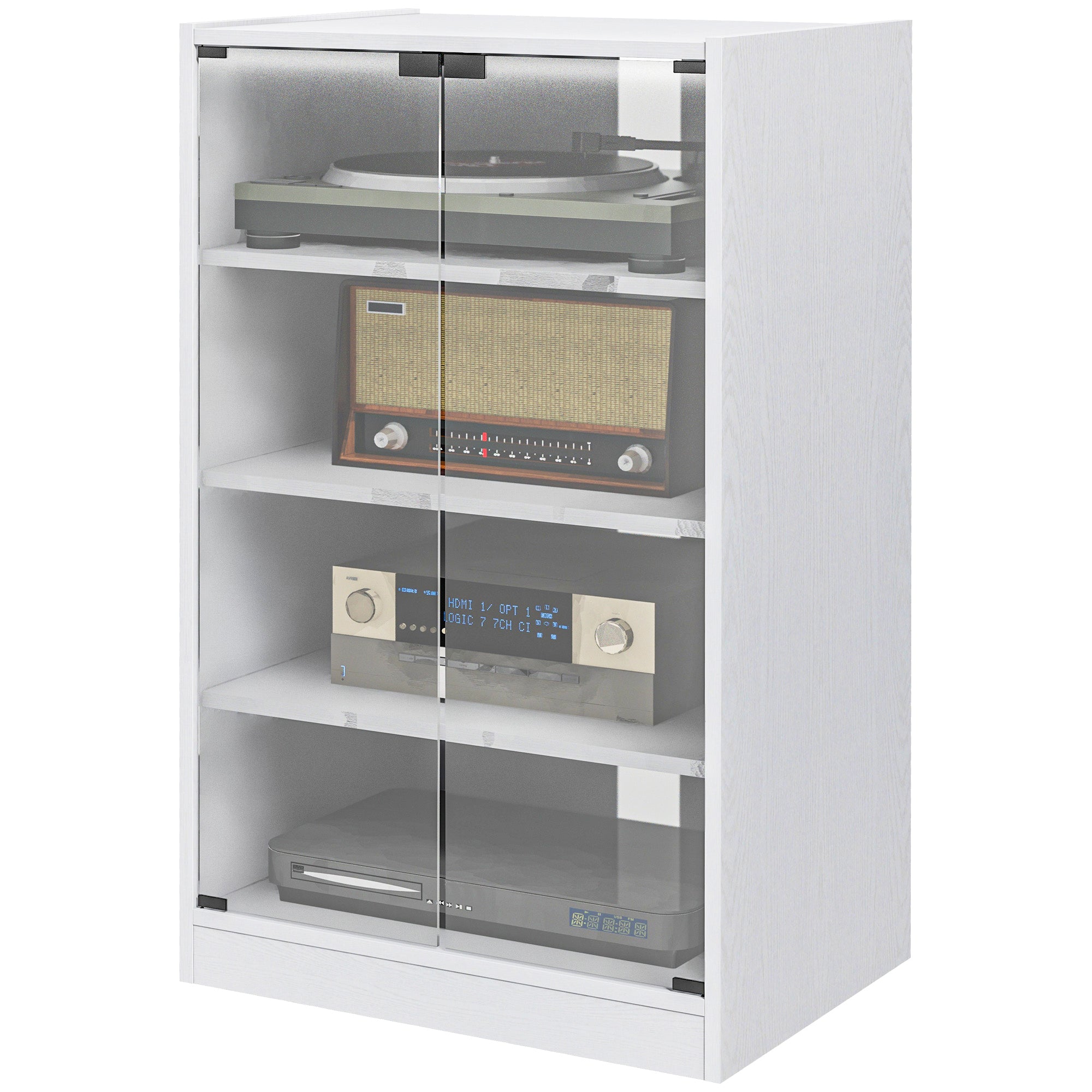 4-Tier Media Cabinet, Media Stand with Adjustable Shelves, Tempered Glass Doors, and Cable Management, Distressed White