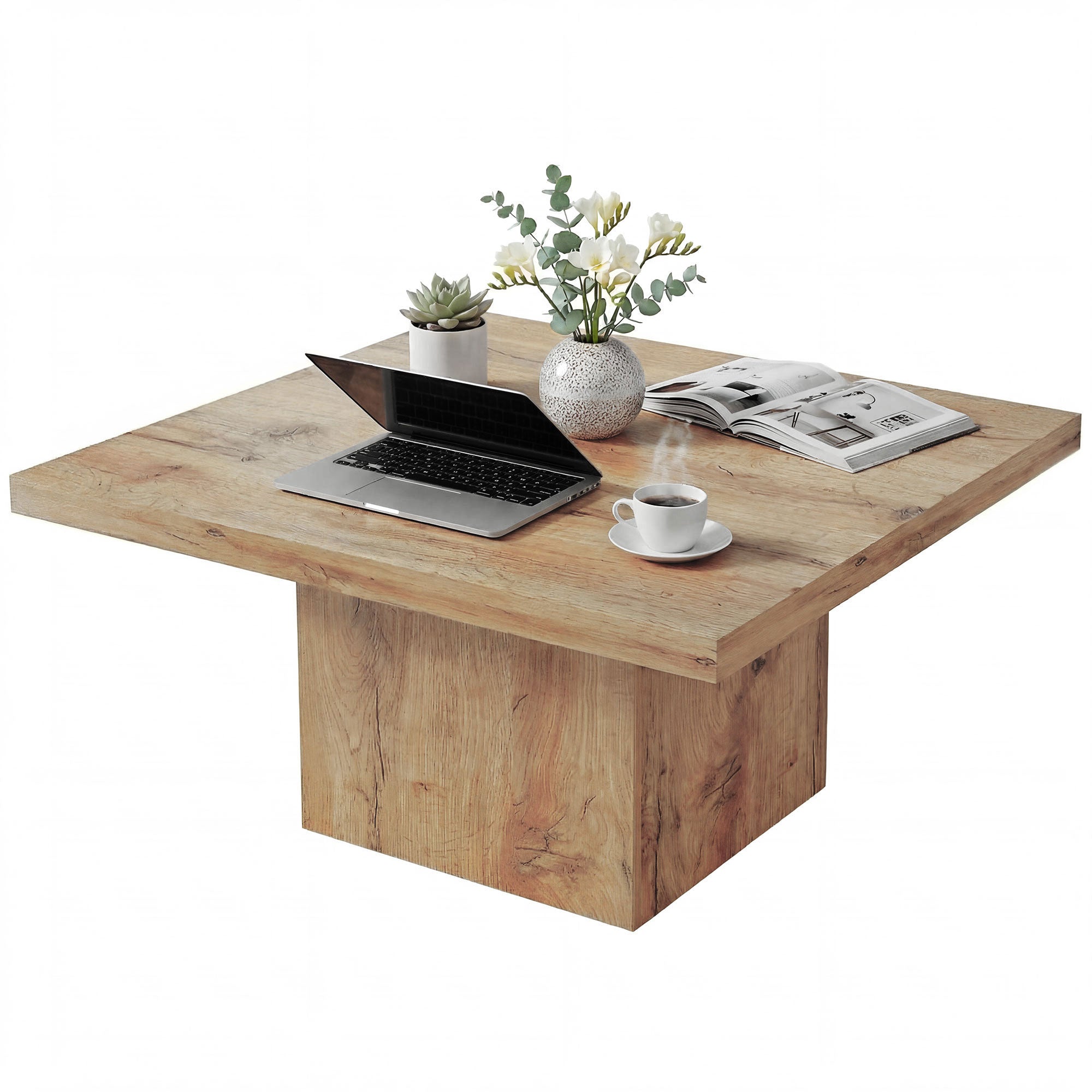 Square Coffee Table, Center Table with 1.6" Thick Tabletop, Light Brown