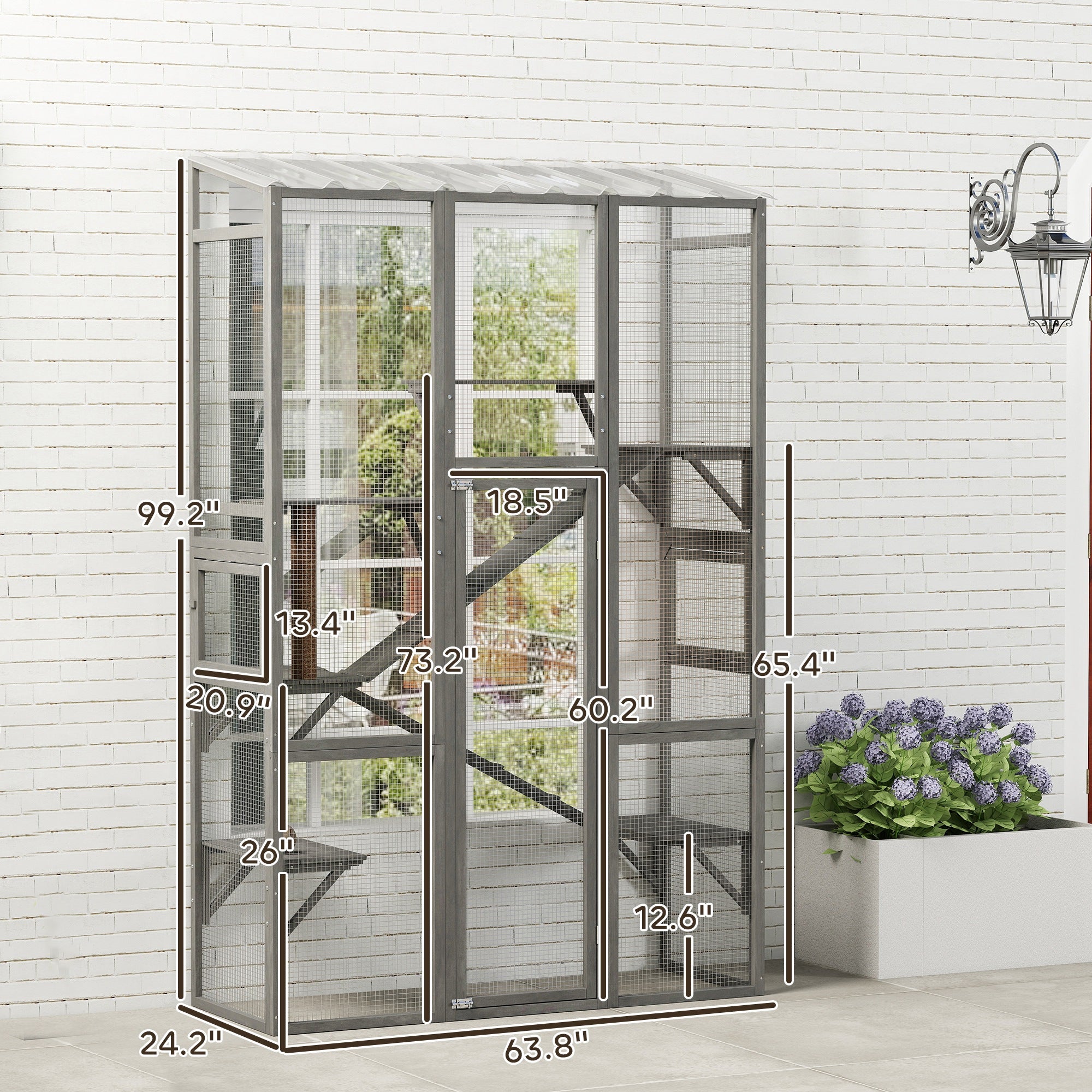 Outdoor Catio Cat Enclosure, Large Wooden Cat House with 6 Jumping Platforms, Scratching Post, 2 Ramps, for 2-3 Kittens