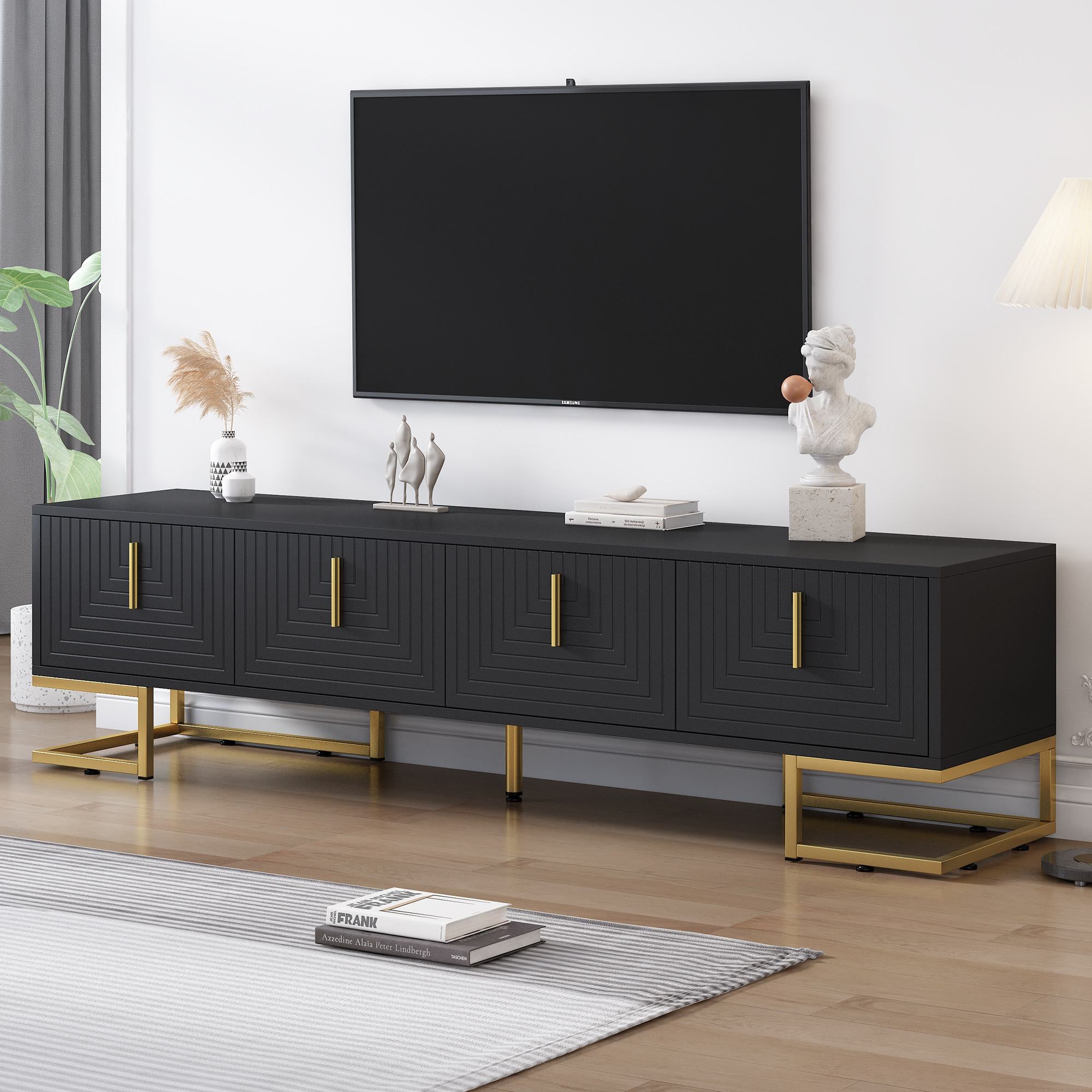Modern TV Stand with Metal Legs and Gold Handles for TVs Up to 80", Media Console Table with Cabinets and Adjustable Shelves, Black+Gold