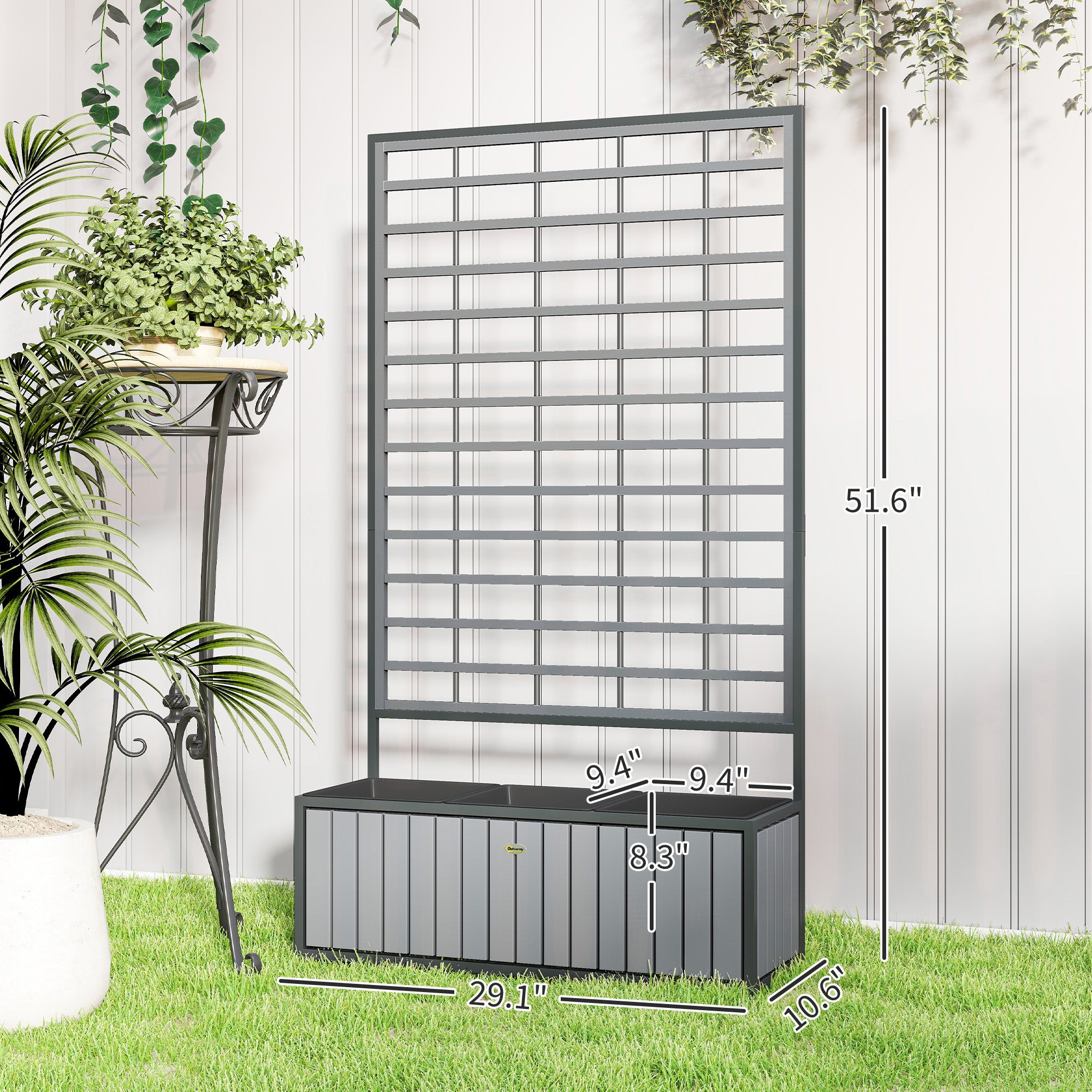 Wooden Raised Garden Bed with Trellis, Removable Pots, for Backyard, Patio, Balcony, 29" x 11" x 52", Gray