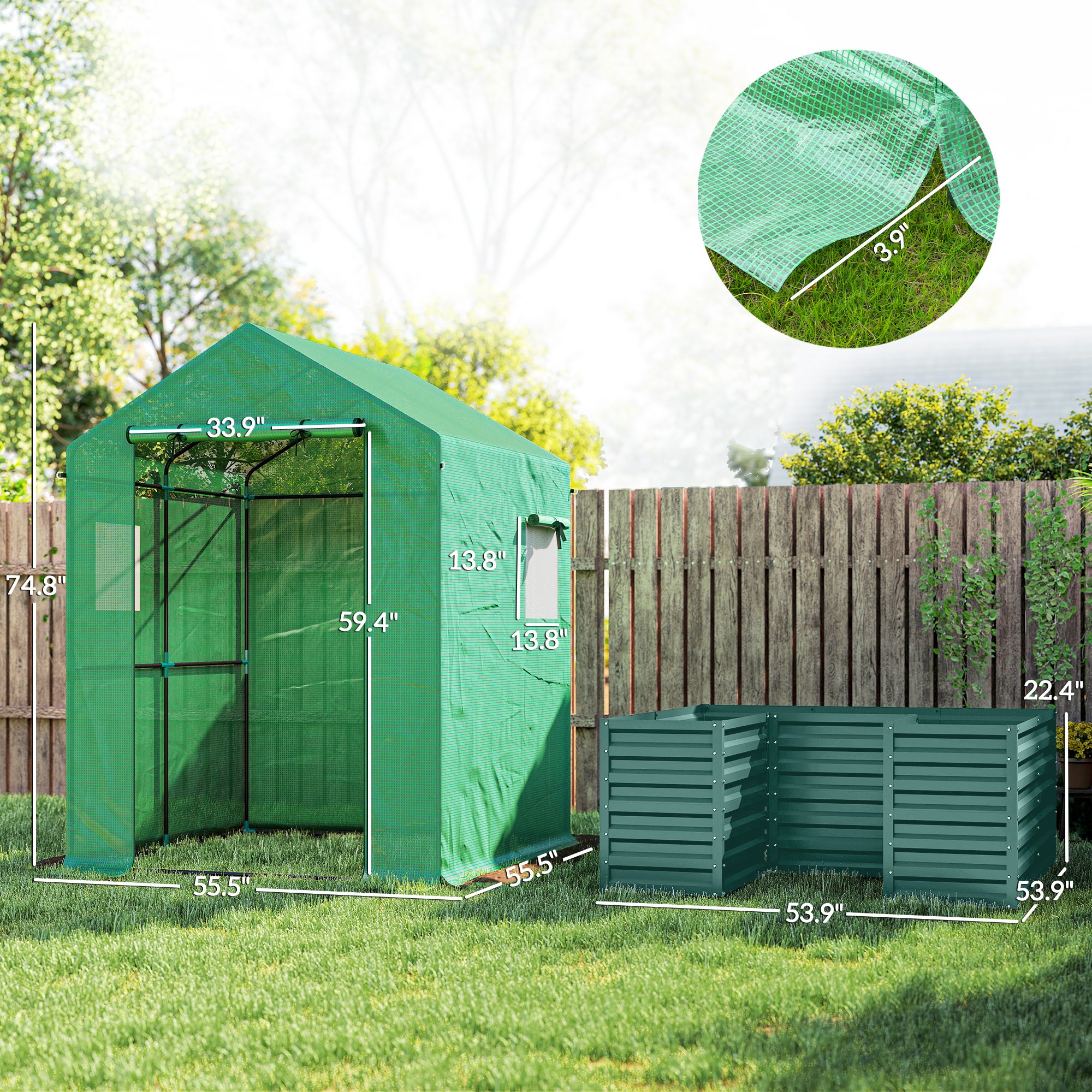 Greenhouse with Raised Garden Bed, Galvanized Steel Outdoor Greenhouse with Roll Up Door, 56" x 56" x 75", Green