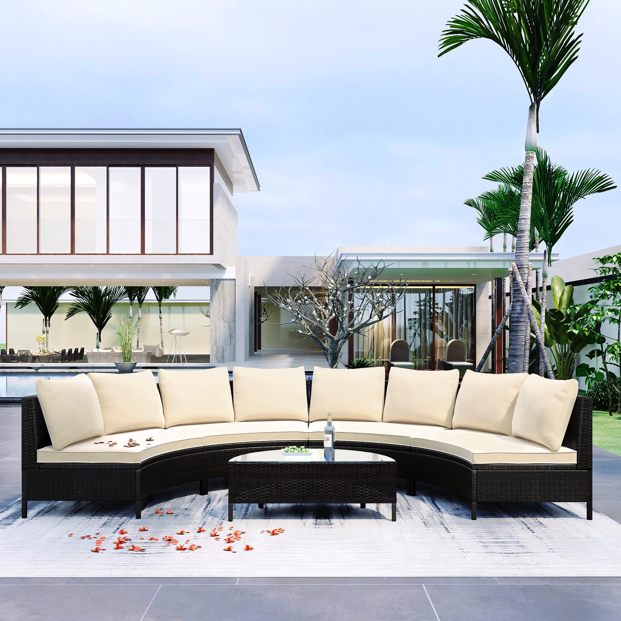 5 Piece Half-Moon Patio Sectional with Glass Table, All-Weather Wicker Sofa with Thick Cushions, 47.5" L x 27" W x 27" H, Beige