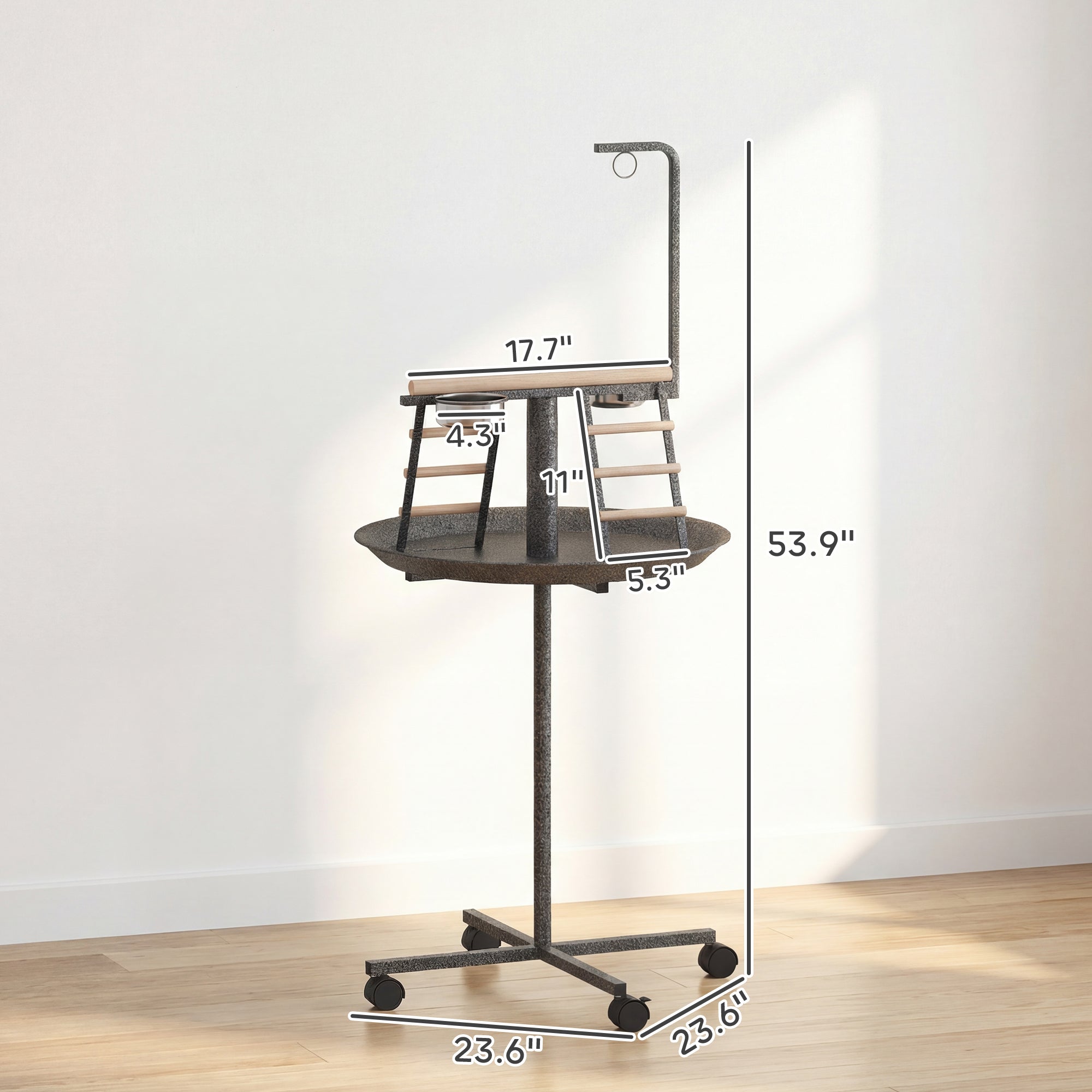Bird Stand with Wheels Parrot Play Stand with Round Tray Stainless Steel Feed Bowls Indoor Outdoor Dark Gray