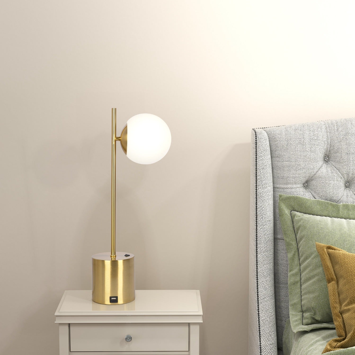 Ethereal Modern Brass Table Lamp with White Glass Globe Shade, Cozy Ambient Lighting, 6" L x 9" W x 22.0" H, Gold+White