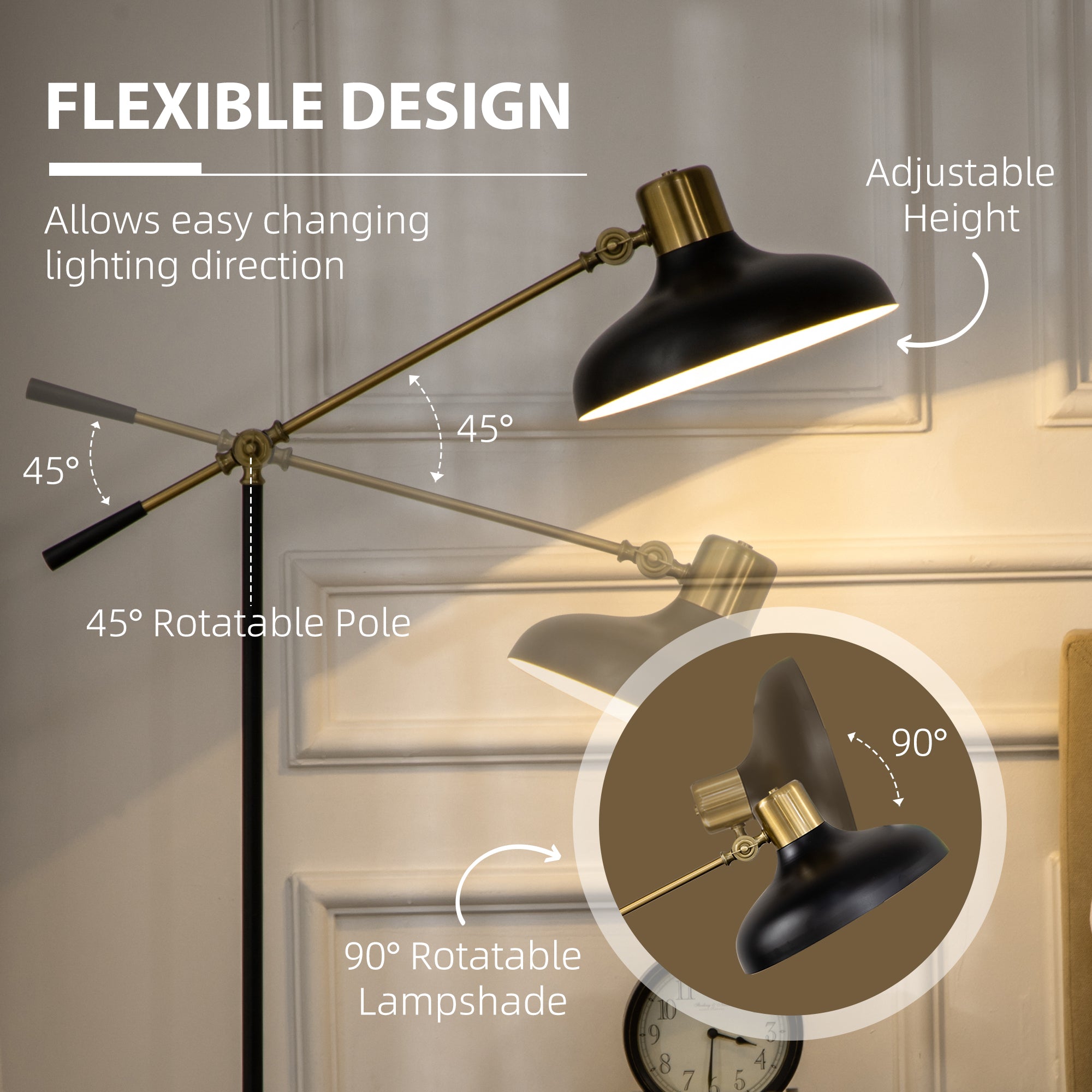 Adjustable Floor Lamps for Living Room, Standing Lamp for Bedroom with Balance Arm, Tall Black and Gold Lamp