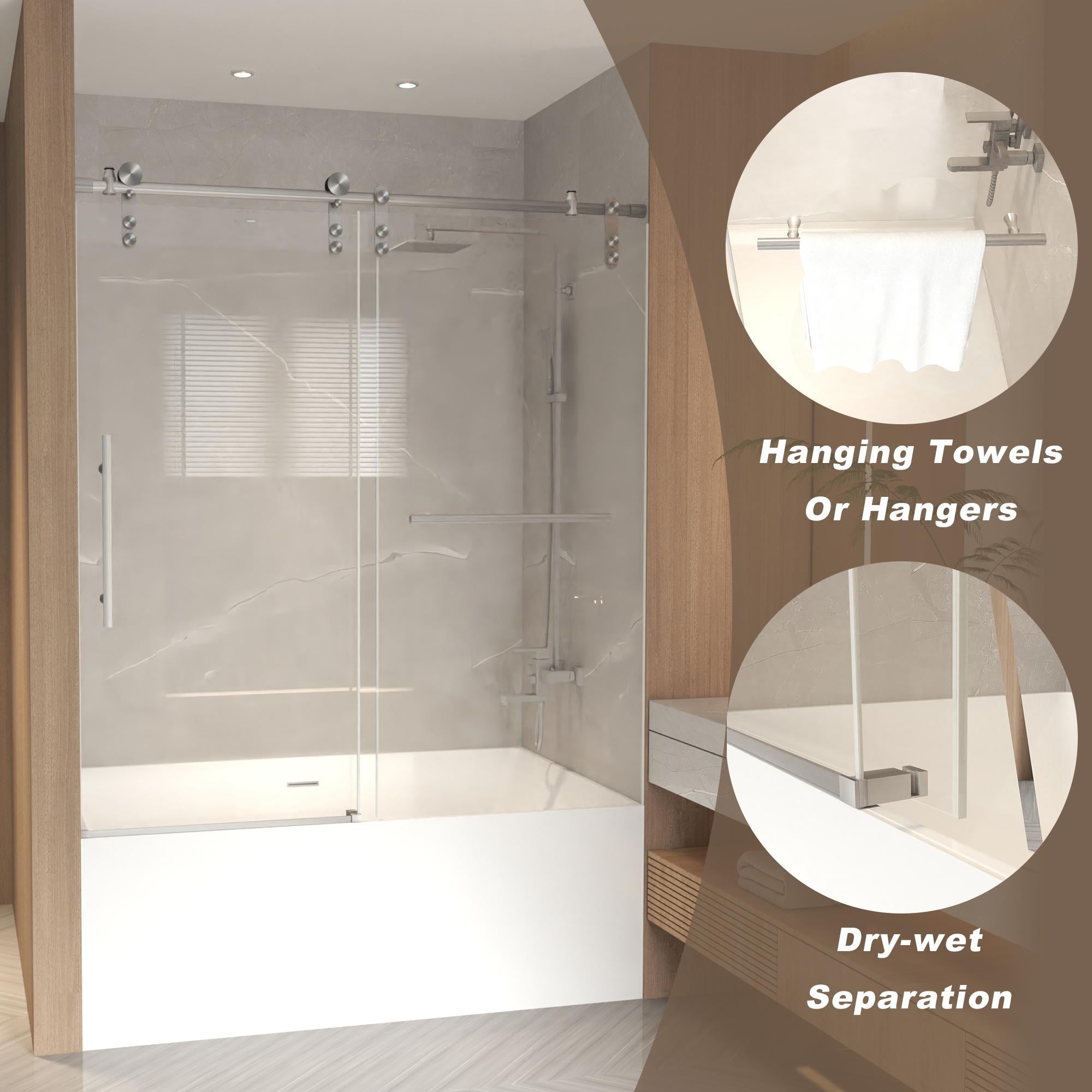 Sliding Shower Door with Waterproof Seals and Tempered Glass, Bathroom Door with Towel Bar Handle, 60" L x 0.5" W x 66" H, Brushed Nickel