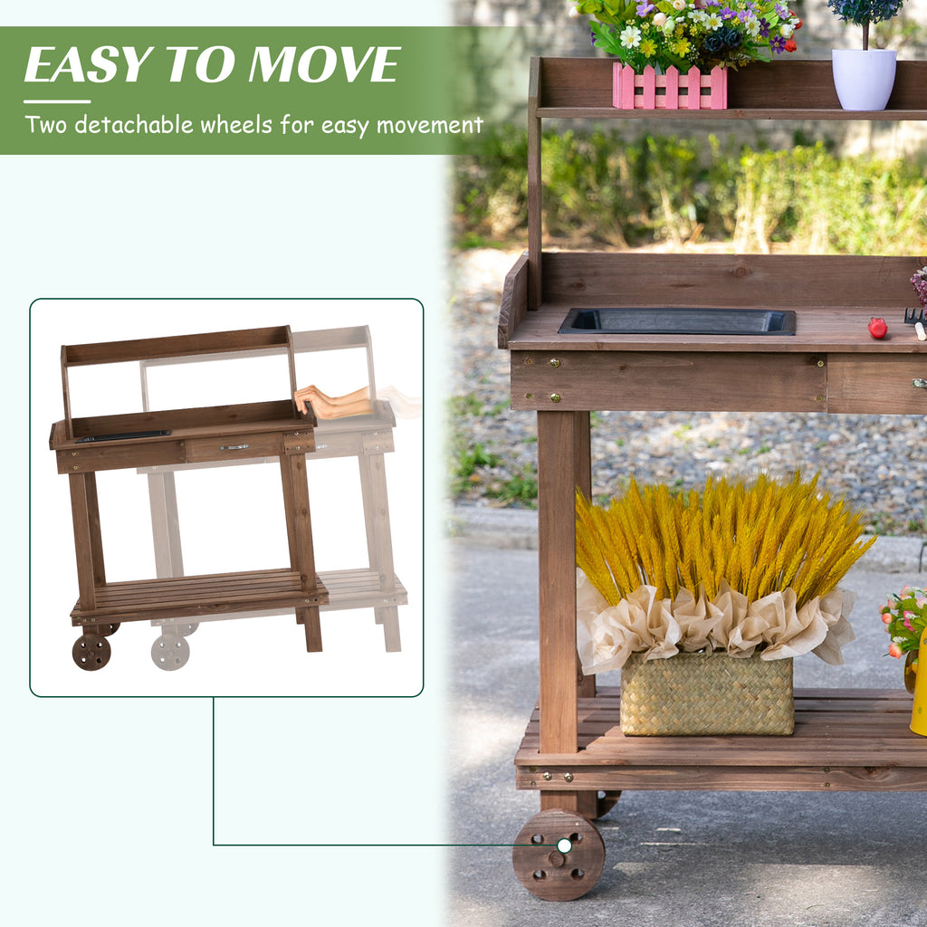 36'' Wooden Potting Bench Work Table with 2 Removable Wheels, Sink, Drawer & Large Storage Spaces, Brown