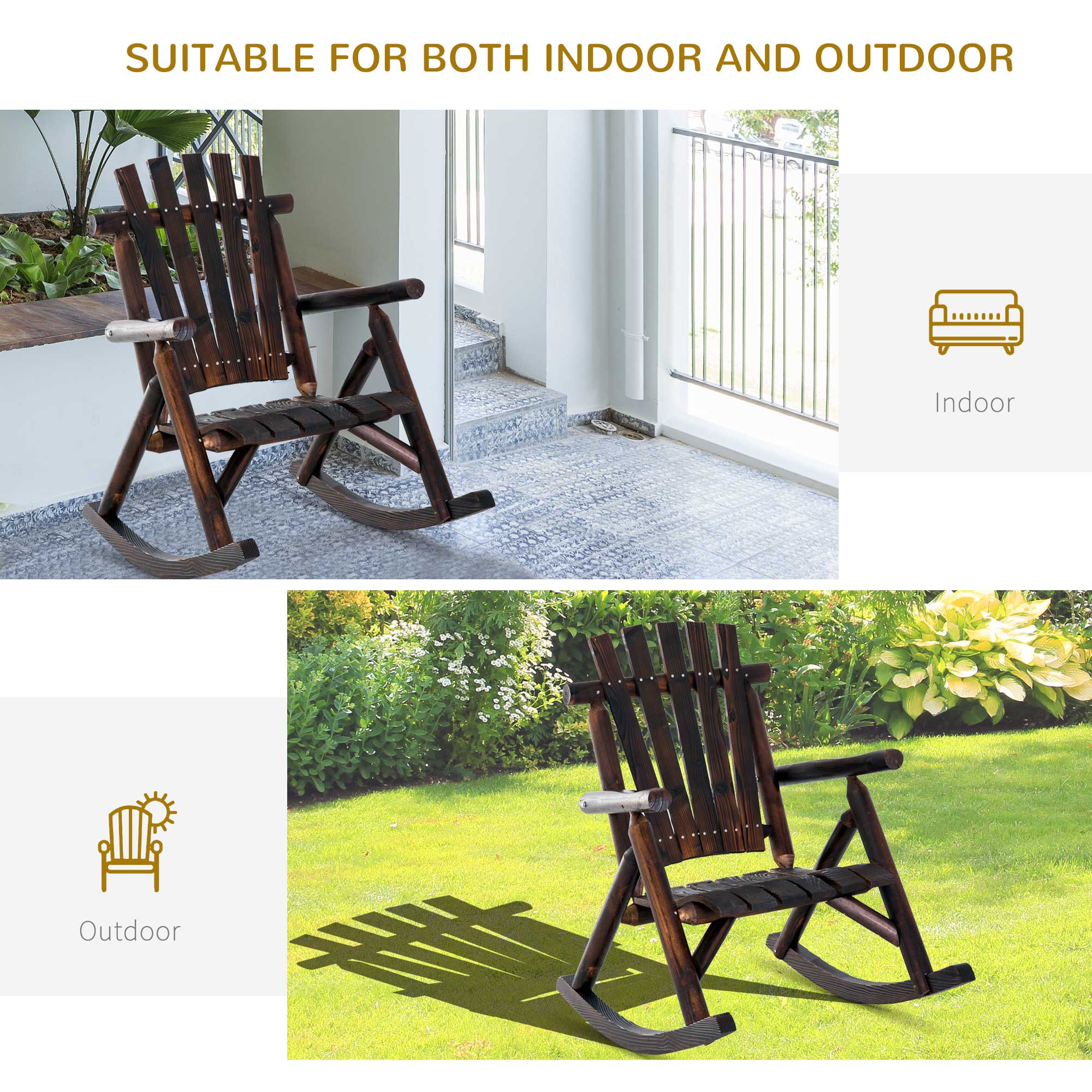 Outdoor Wooden Rocking Chair, Single-Person Rustic Adirondack Rocker with Slatted Seat, High Backrest, Armrests for Patio, Garden and Porch, Brown