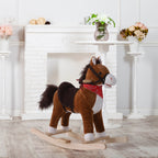 Kids Ride on Rocking Horse Plush Toy with Realistic Sounds and Red Scarf for Over 3 Years Old Birth Gift