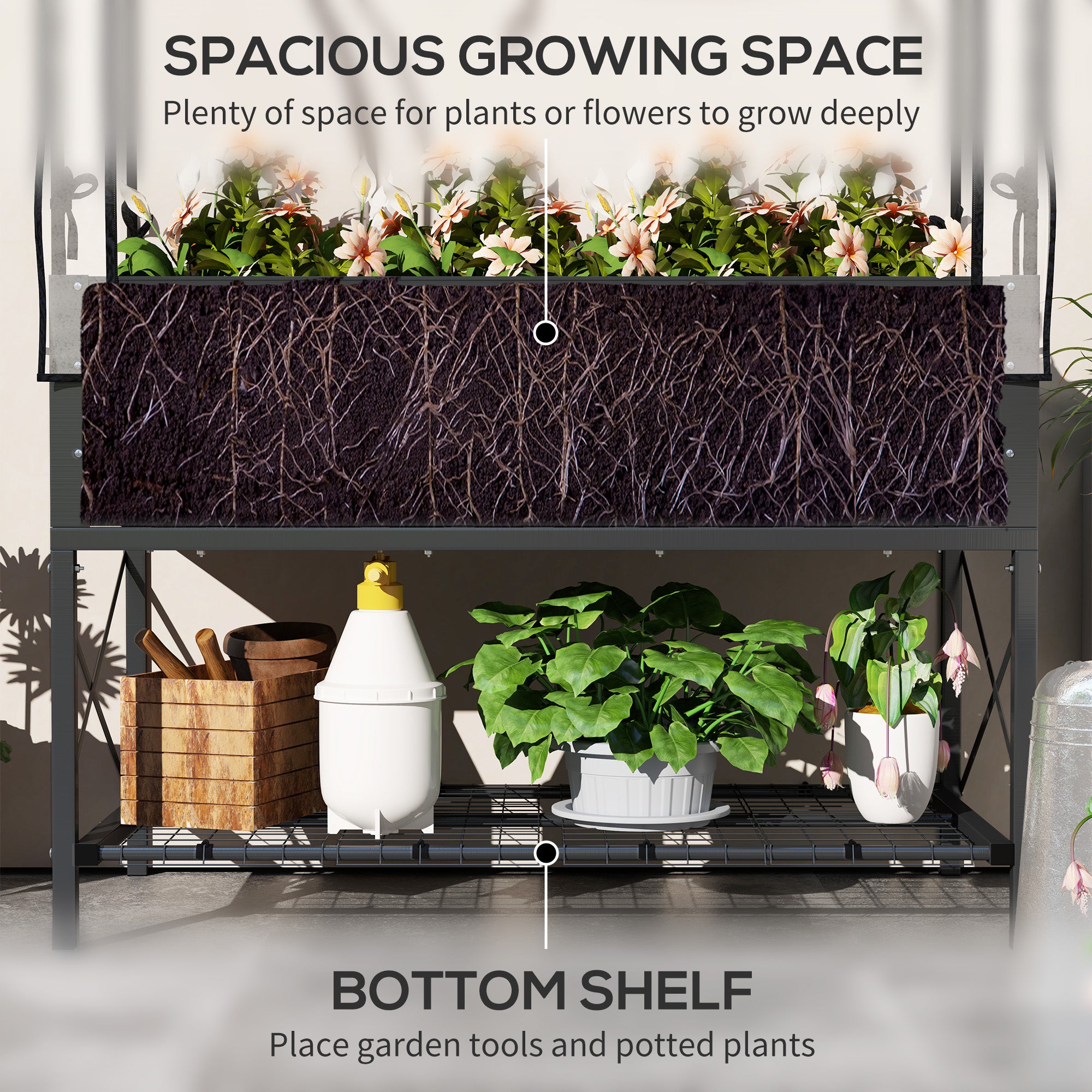 Raised Garden Bed with Legs and Cover, Metal Elevated Planter Box with Bottom Shelf and Liner for Vegetables, Dark Gray