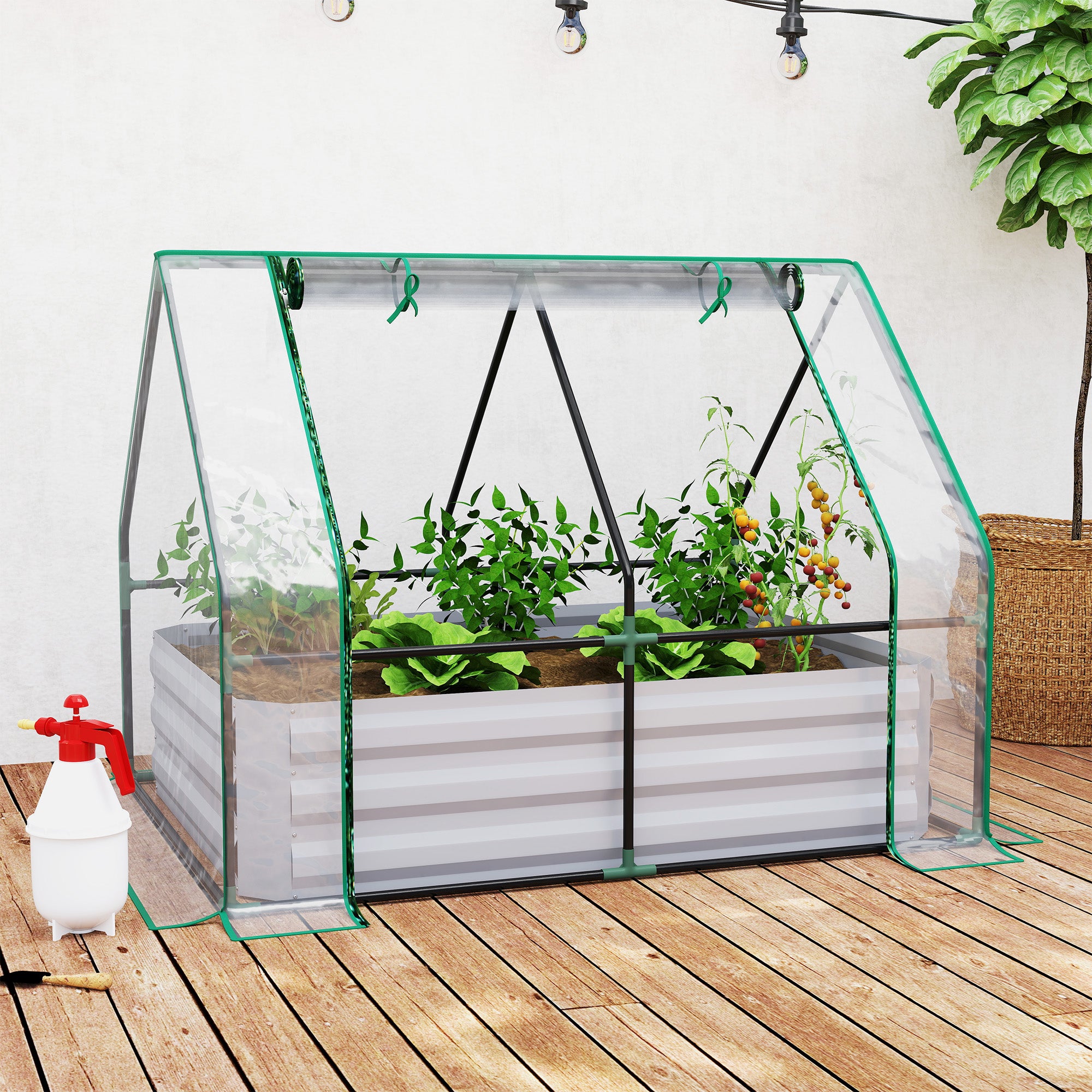 Raised Garden Bed with Cover, Outdoor Galvanized Metal Planter Box Kit, 4 x 3 ft Mini Greenhouse with 2 Large Screen Windows, for Growing Flowers, Vegetables and Herbs, Clear