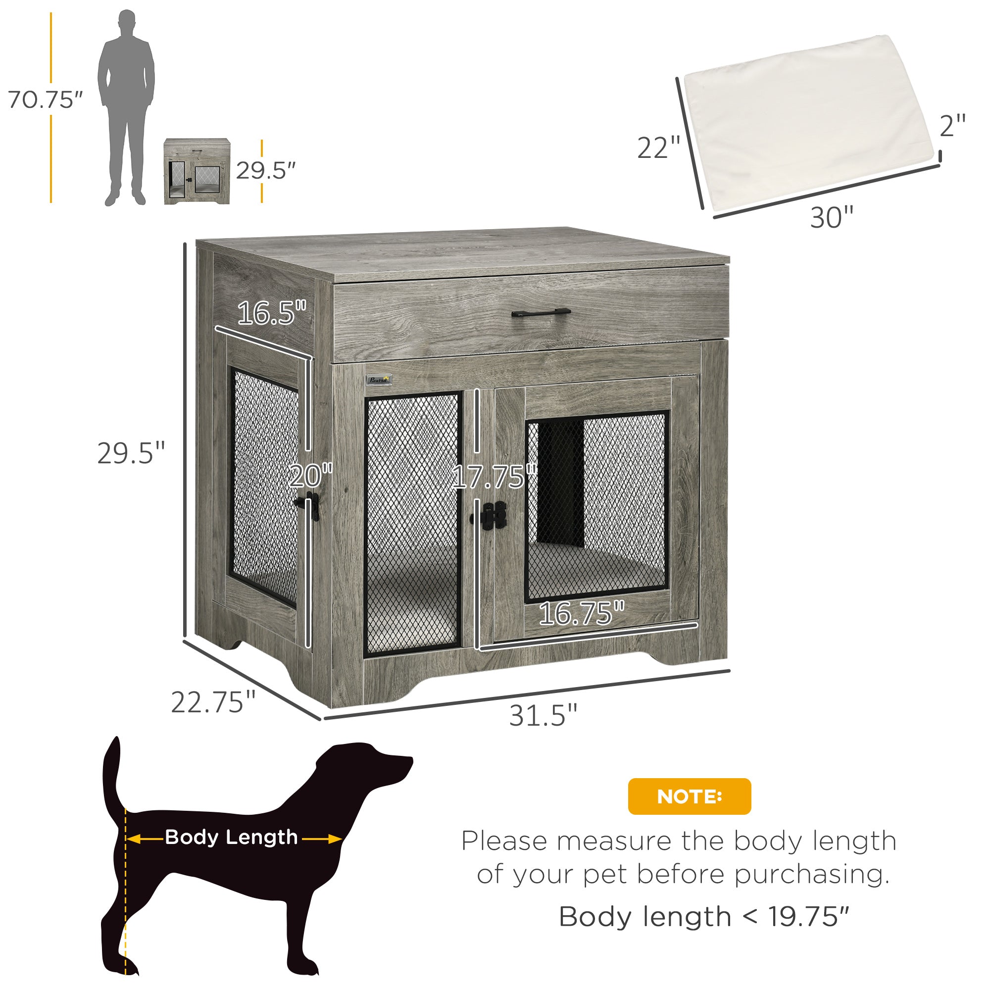 Dog Crate Furniture with Soft Water-Resistant Cushion, Drawer, for Small Dogs, Grey