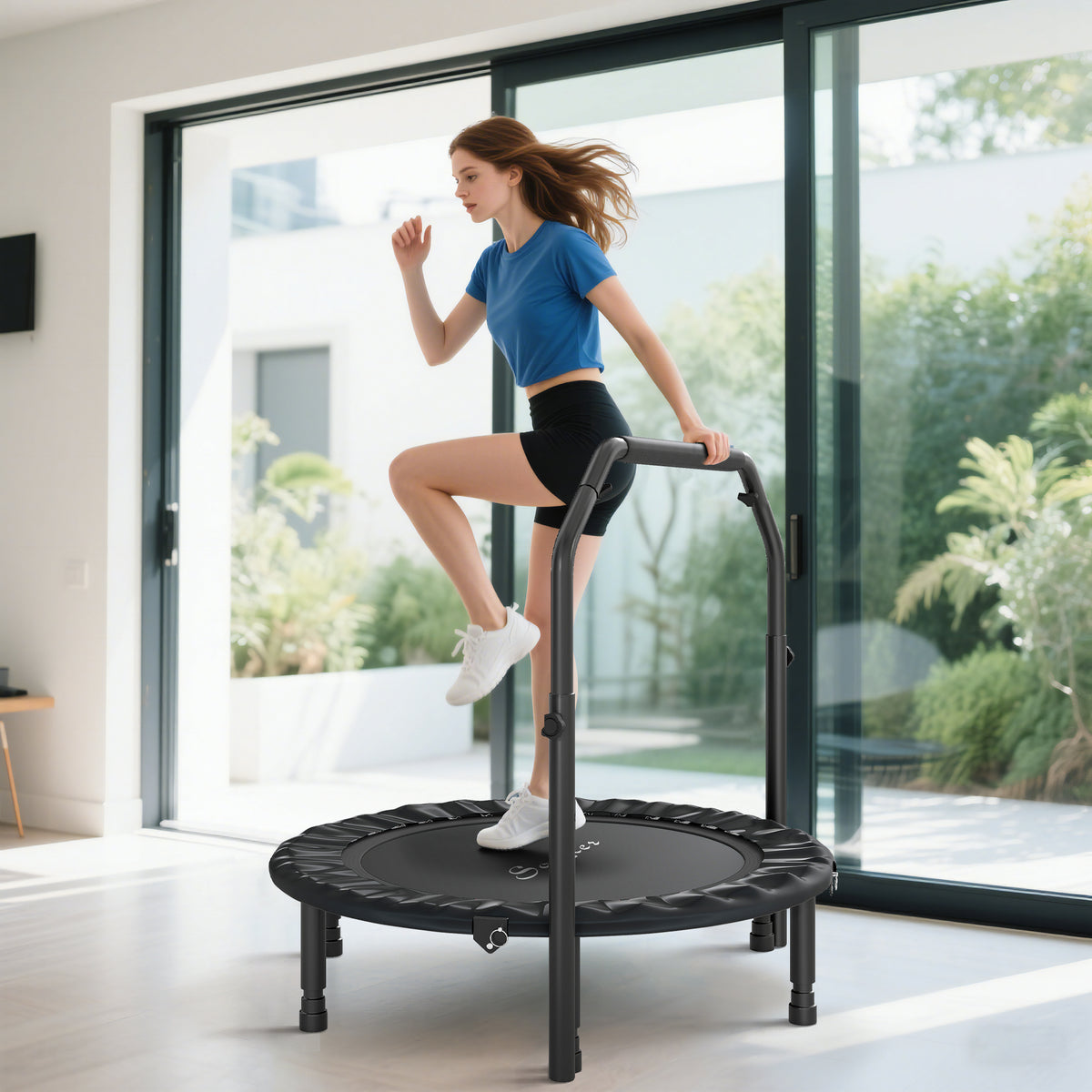 40" Foldable Mini Trampoline, Rebounder Trampoline for Adults with Adjustable Foam Handle, Black