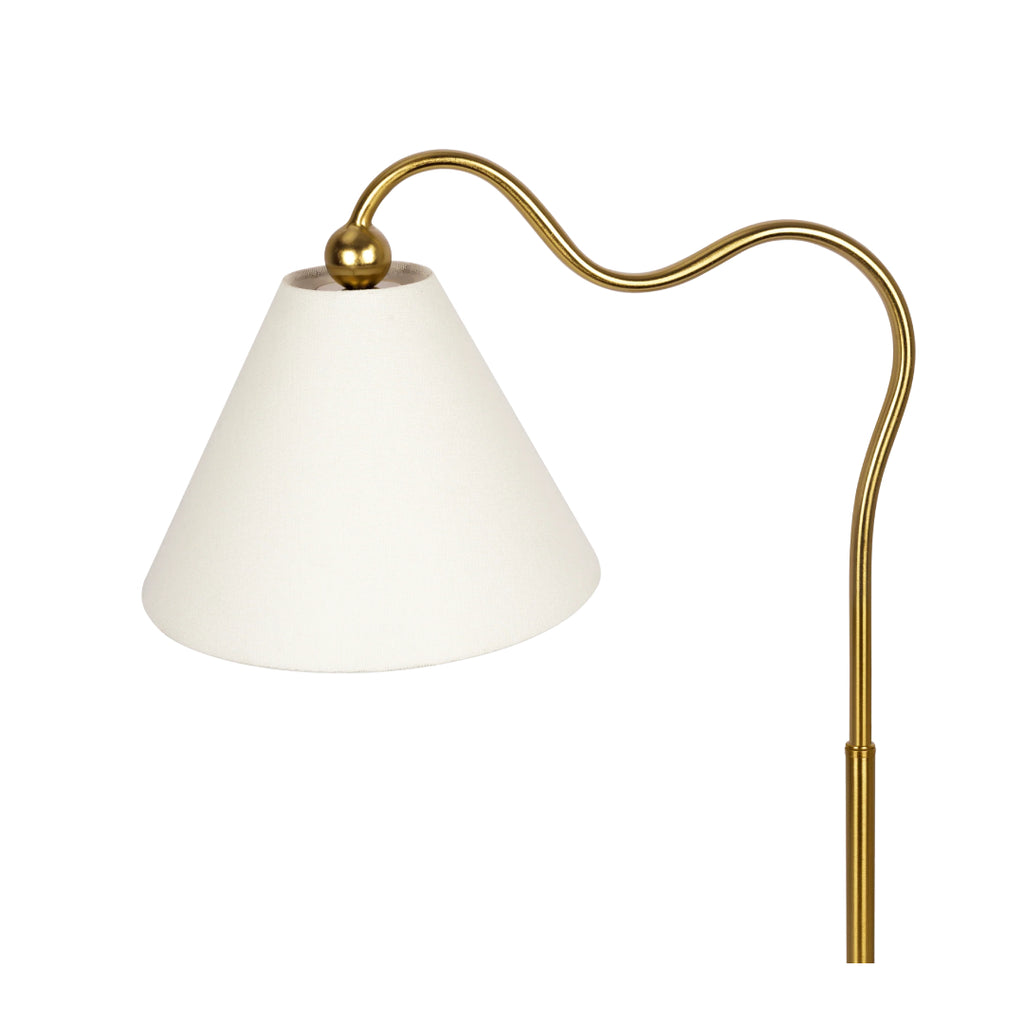 Ornate Brass Ring Base Curved Table Lamp with Triangle White Drum Shade, Modern Design, 18" L x 9.5" W x 22" H, Gold+White