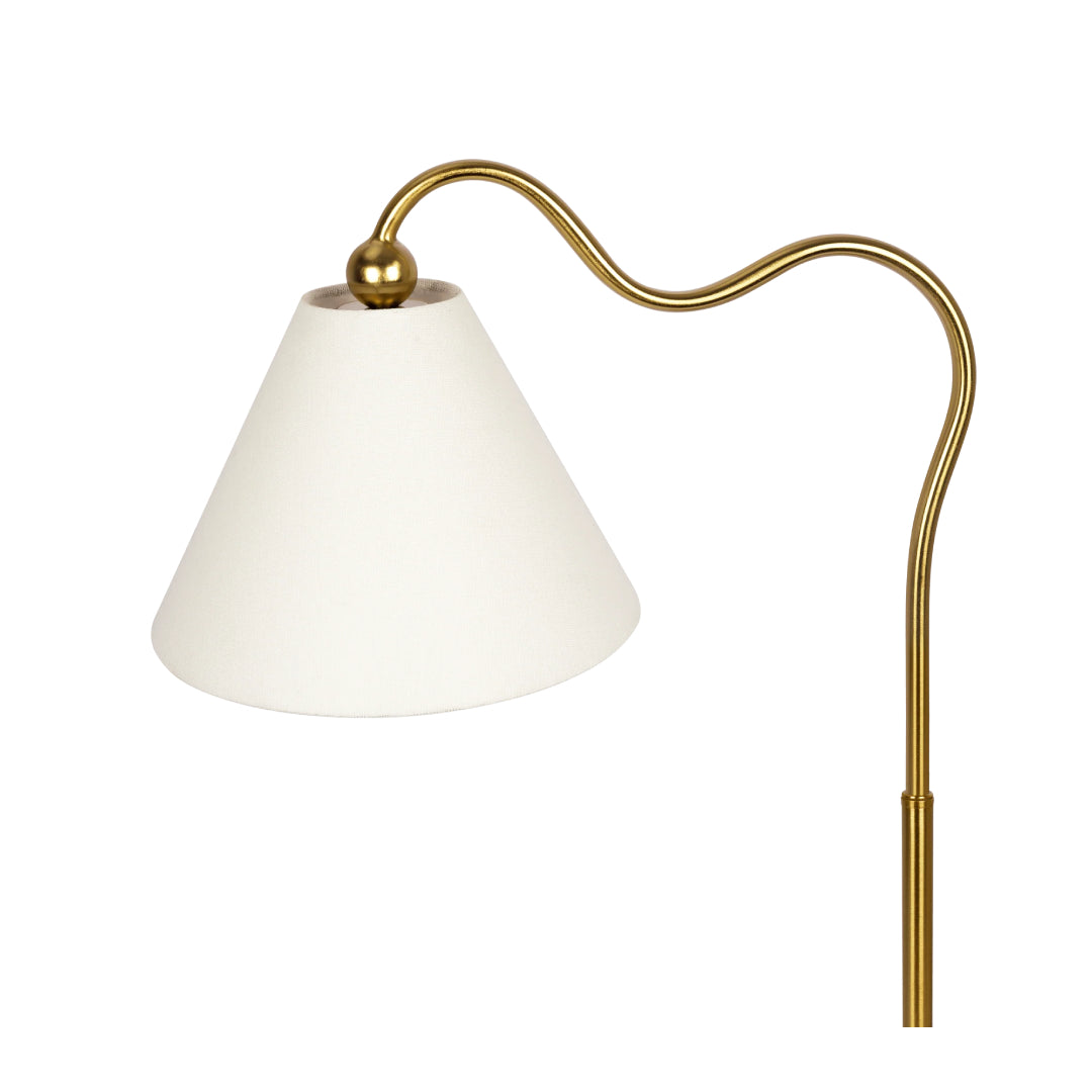 Ornate Brass Ring Base Curved Table Lamp with Triangle White Drum Shade, Modern Design, 18" L x 9.5" W x 22" H, Gold+White